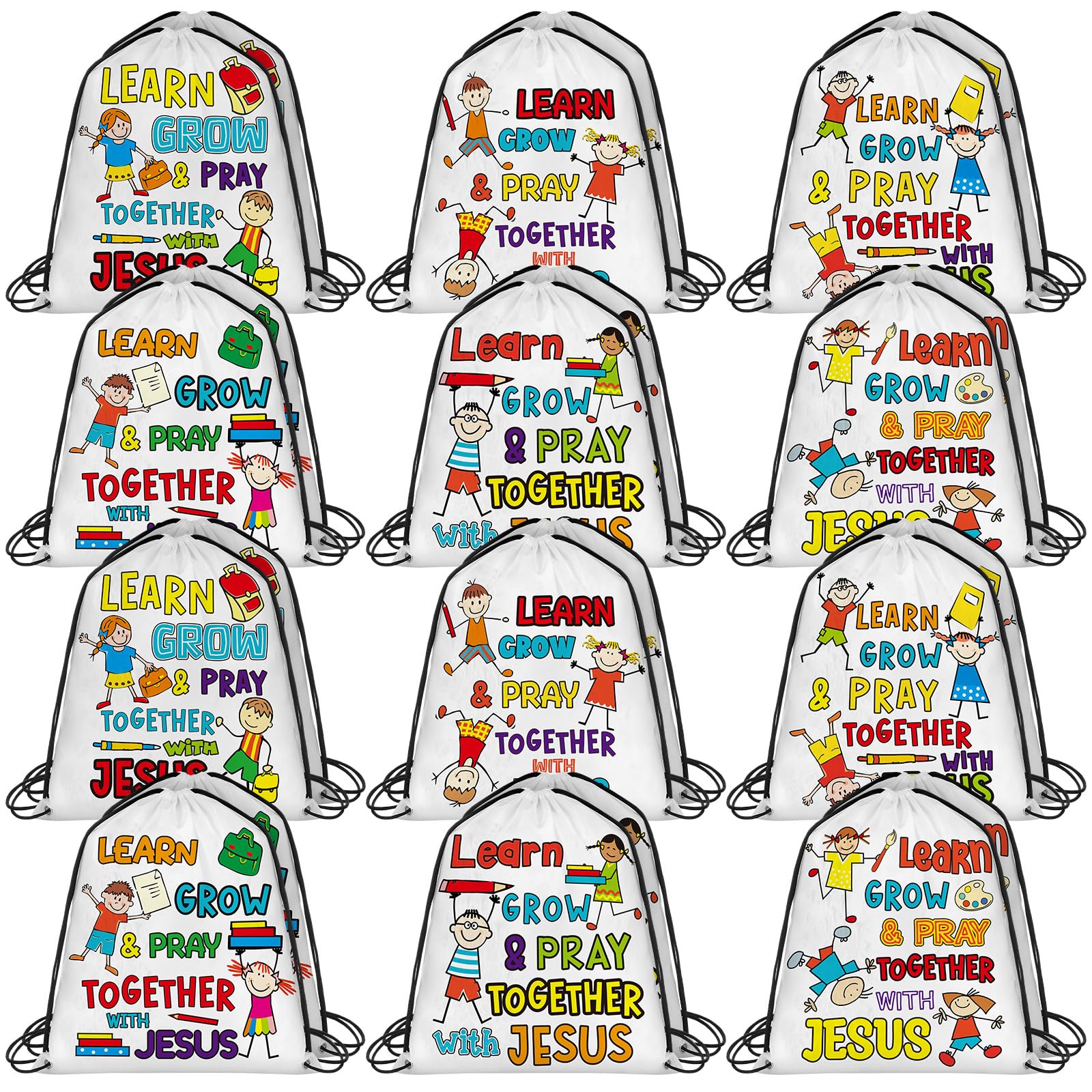 Kacctyen 24 Pcs Religious Drawstring Backpack Christian Learn Grow Pray Together with Jesus Drawstring Bags Verse Bible Easter Gift Bags for Vbs