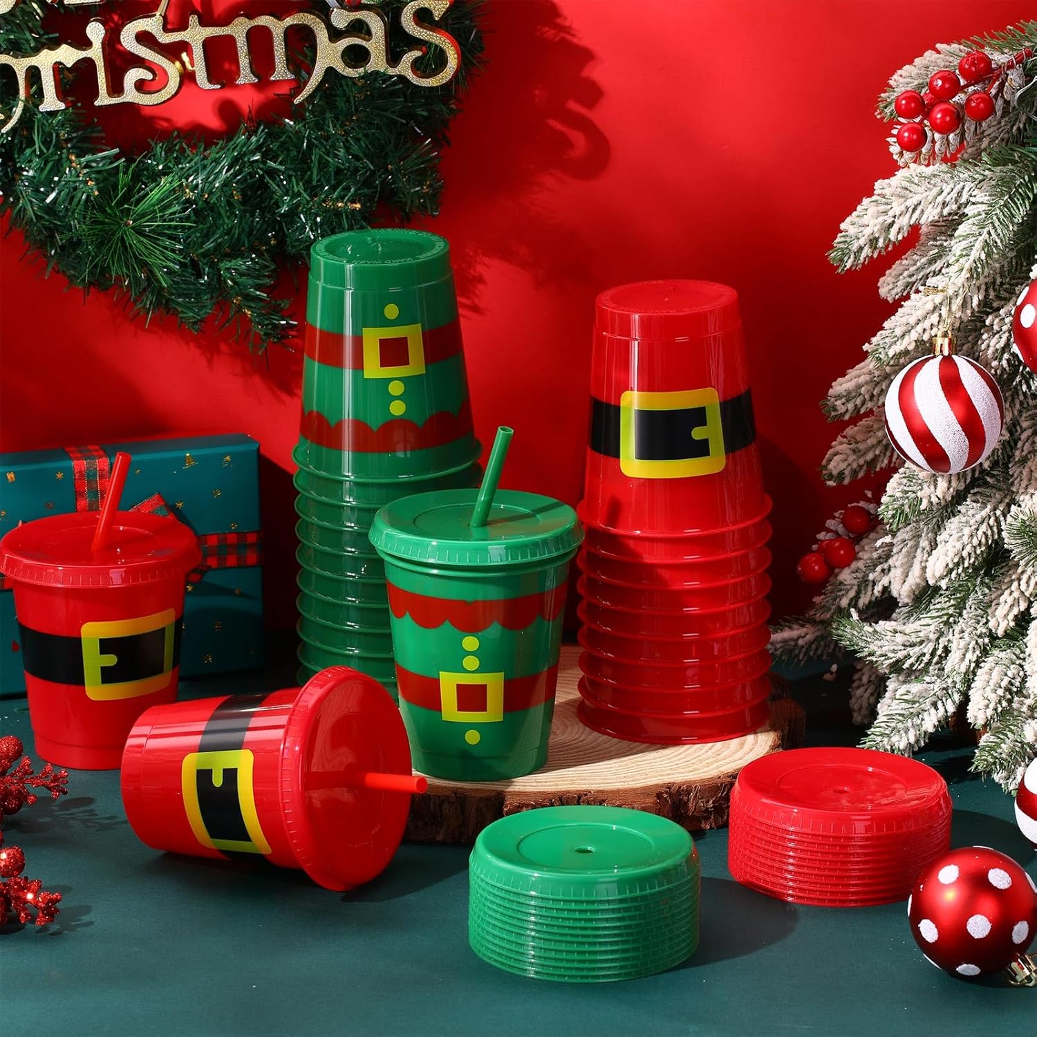 36 Pcs Christmas Cups with Straws and Lids 16 Oz Santa Elf Belt Plastic Christmas Cups Tumbler Reusable Drinking Tool for Winter Holiday Xmas Party Decoration Drinkware Supplies - Image 2