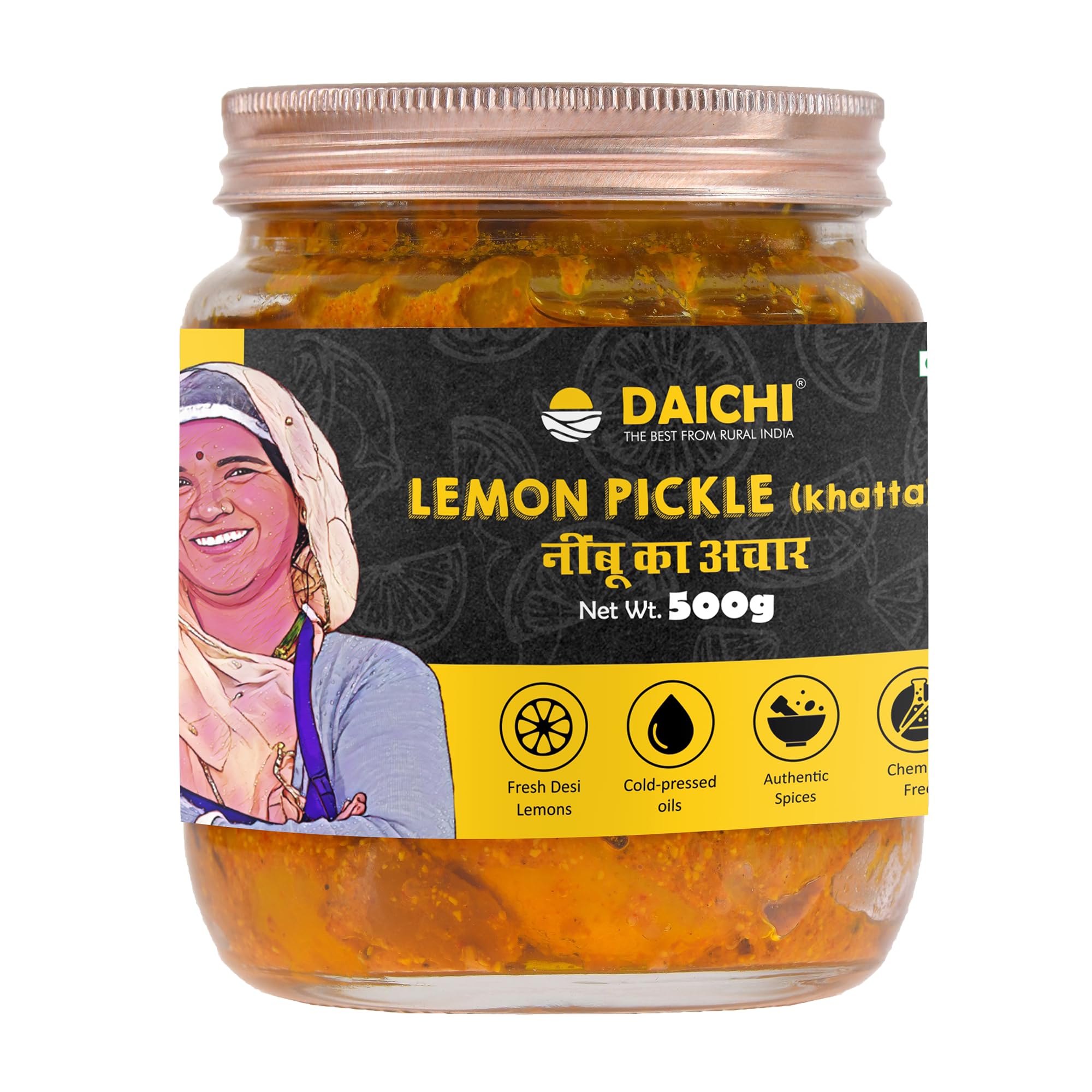 Daichi - Lemon Pickle | Crafted with love by women artisans | Sun cured | Cold-pressed mustard oil | In-house spices | No Preservatives 500gm (Pack of 1)