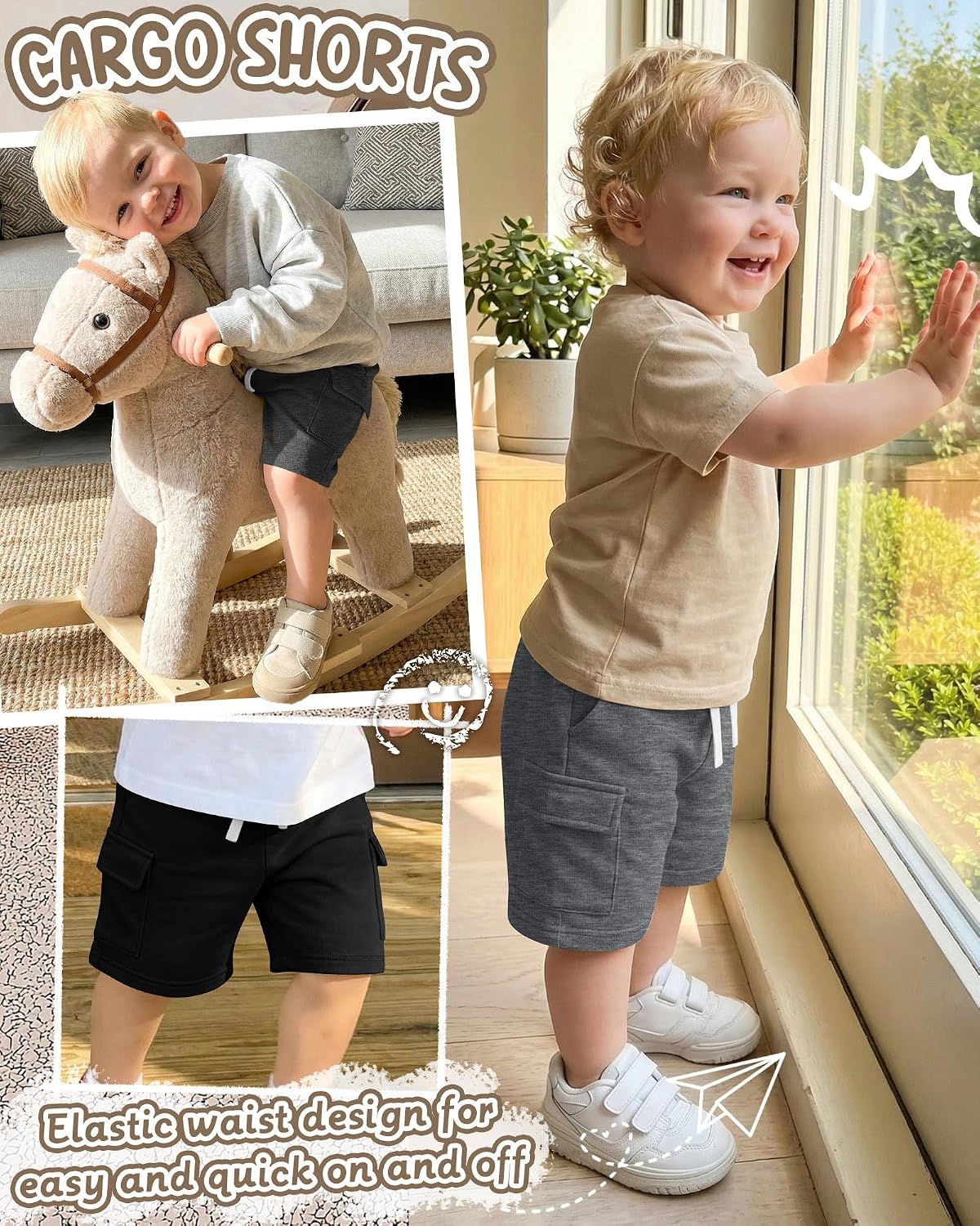 Halfchet 4 Pack Toddler Boys Cargo Shorts Pull on Baby Athletic Shorts with Pockets Summer Casual Elastic Waist Drawstring
