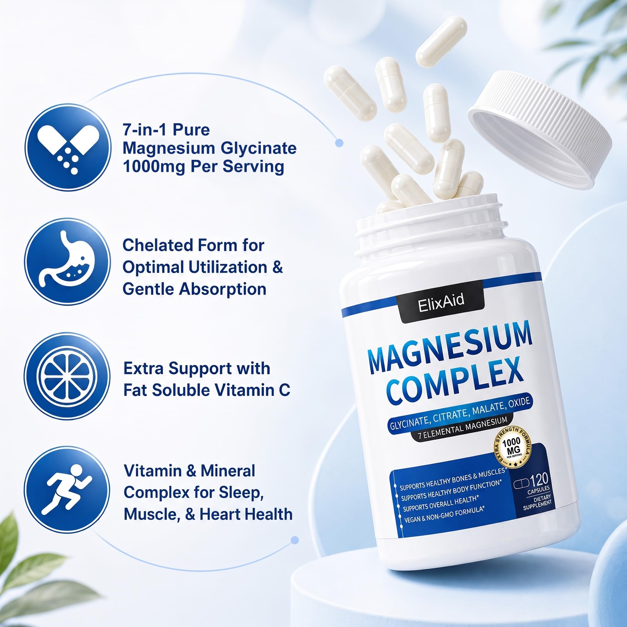 Magnesium Complex for Women & Men 1000mg - 7-in-1 Magnesium Supplement (Glycinate, Citrate & Malate) Capsules for Sleep Support, Stress Relief, Muscle Recovery - Vegan, 120 Count — Amazon image 5