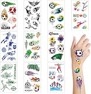 10 Sheets Football Temporary Tattoos for Kids, Football Stickers for World Cup Soccer Party Transfer Tattoos for Children Waterproof Tattoos for Kids Party Bags Fillers Boys and Girls Birthday Gifts