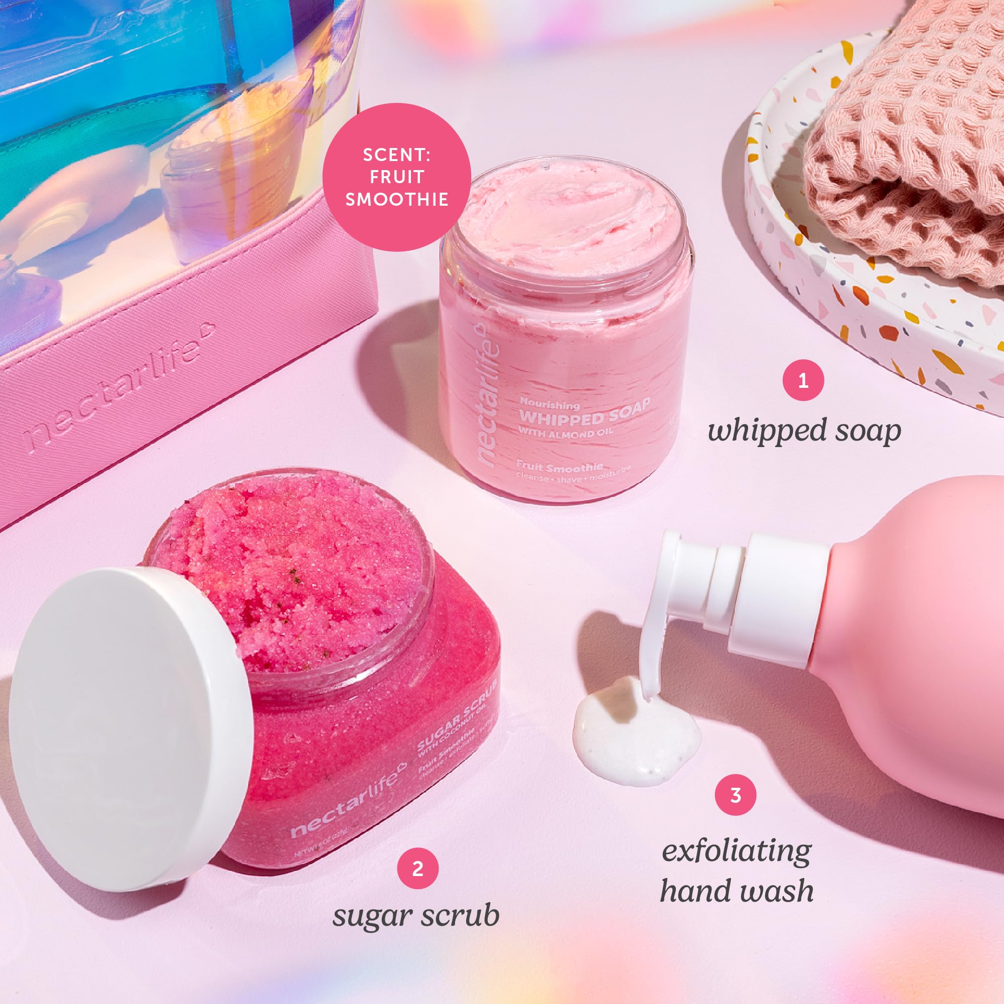Nectar Life Daily Glow Kit Body Skin Care Set, Whipped Soap, Sugar Body Scrub, Hand Wash (Fruit Smoothie Scent)