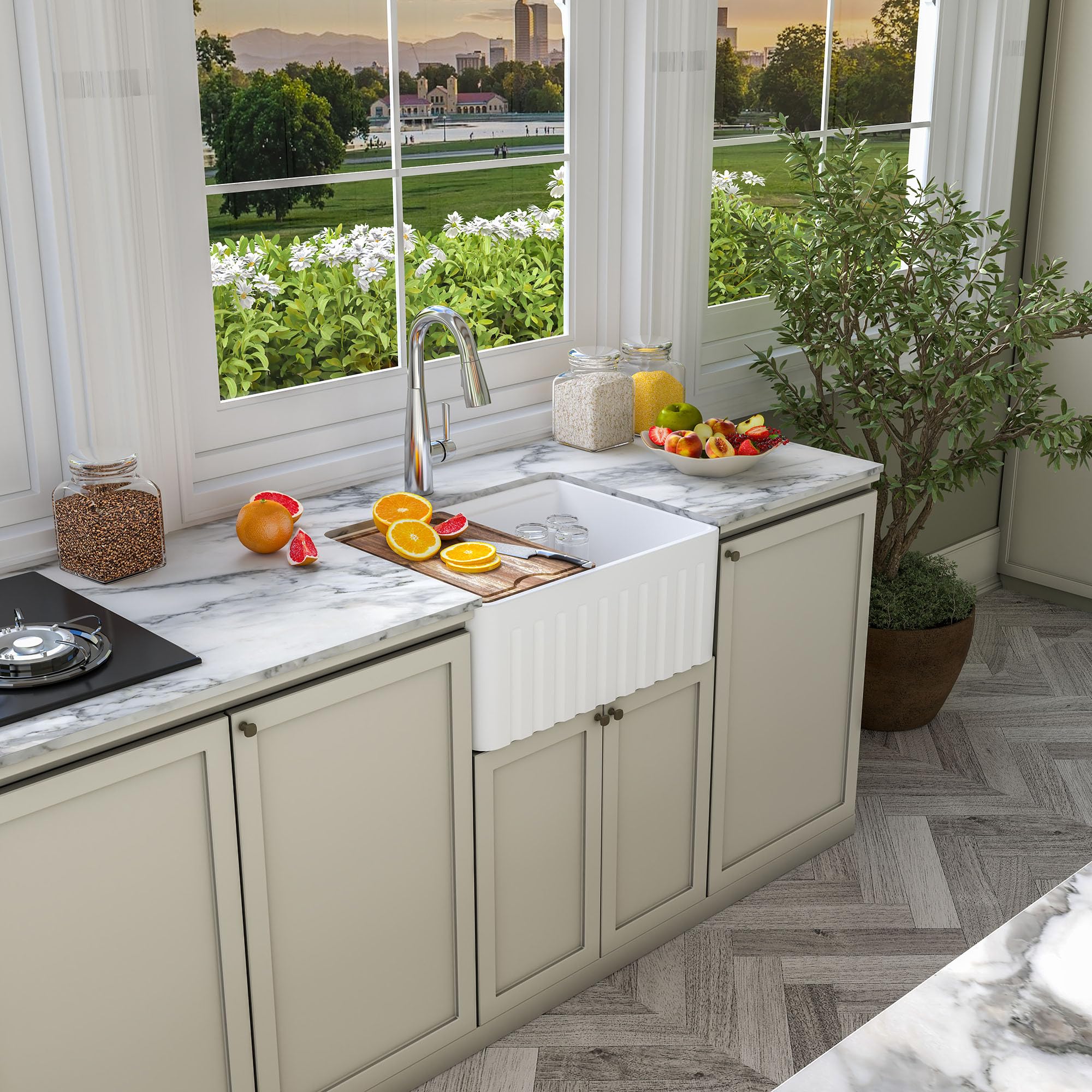 60 cm Weiß Unterbau Arbeitsplatz Küchenspüle Bauernhaus Küchenspüle Keramik Tiefe Einzelschale mit Zubehör für Küche Insel