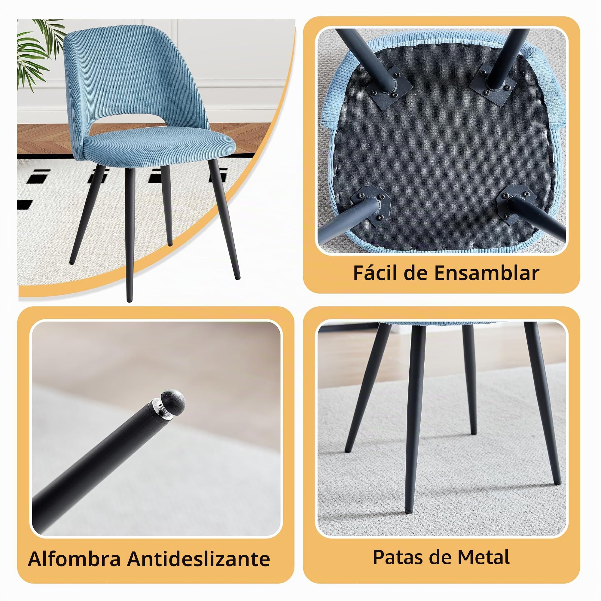Pack de 4 Silla de Comedor, Silla de Cocina de Pana a Rayas, Silla Tapizada con Diseño de Respaldo Hueco, Adecuada para Comedor, Sala de Estar, Cocina, Dormitorio - Azul