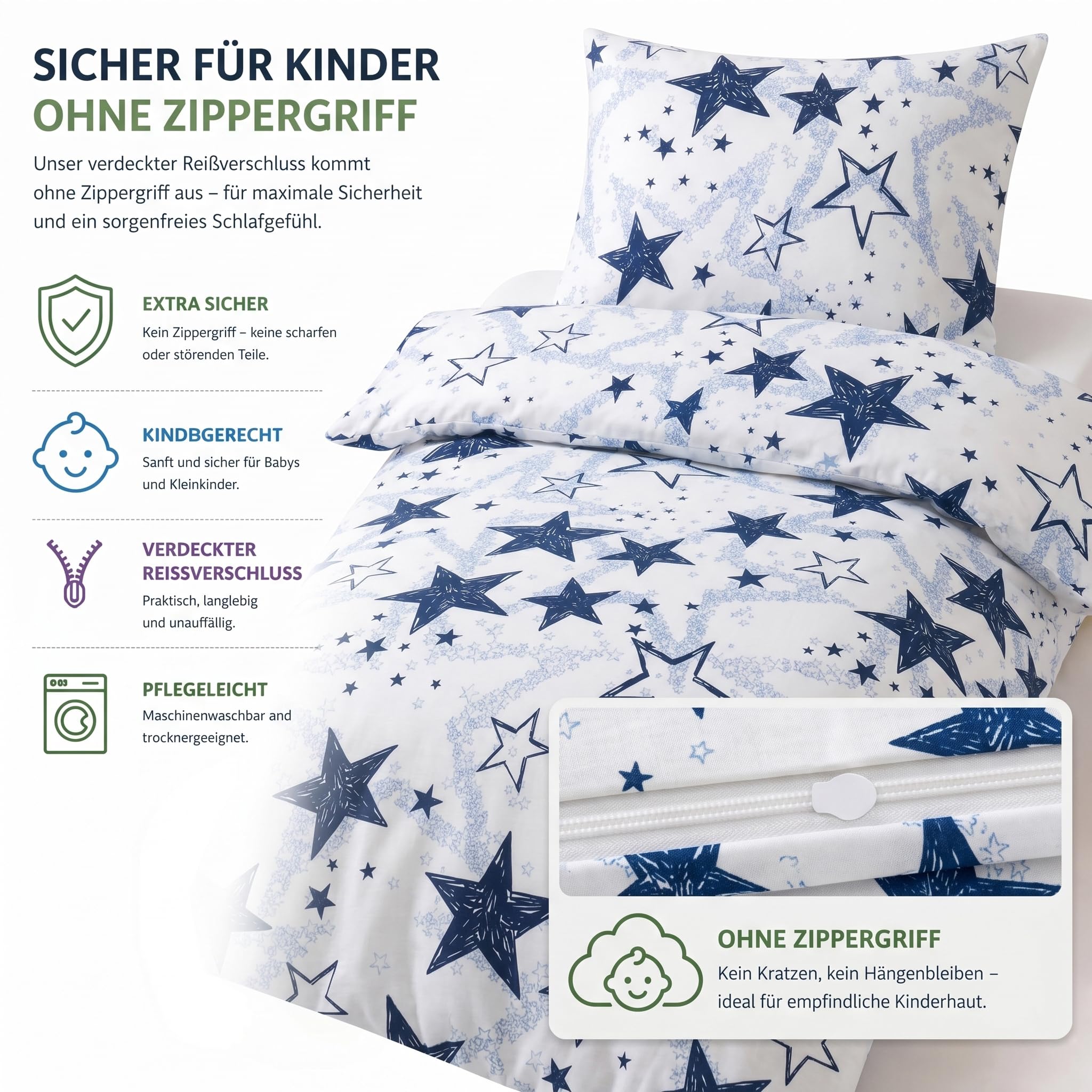 Buymax Kinderbettwäsche 135x200 cm – Sterne Dunkelblau, 100% Baumwolle Renforcé, 1x Bettbezug 135x200 cm & 1x Kissenbezug 80x80 cm, Oeko-TEX Standard 100, weich & atmungsaktiv, mit Reißverschluss