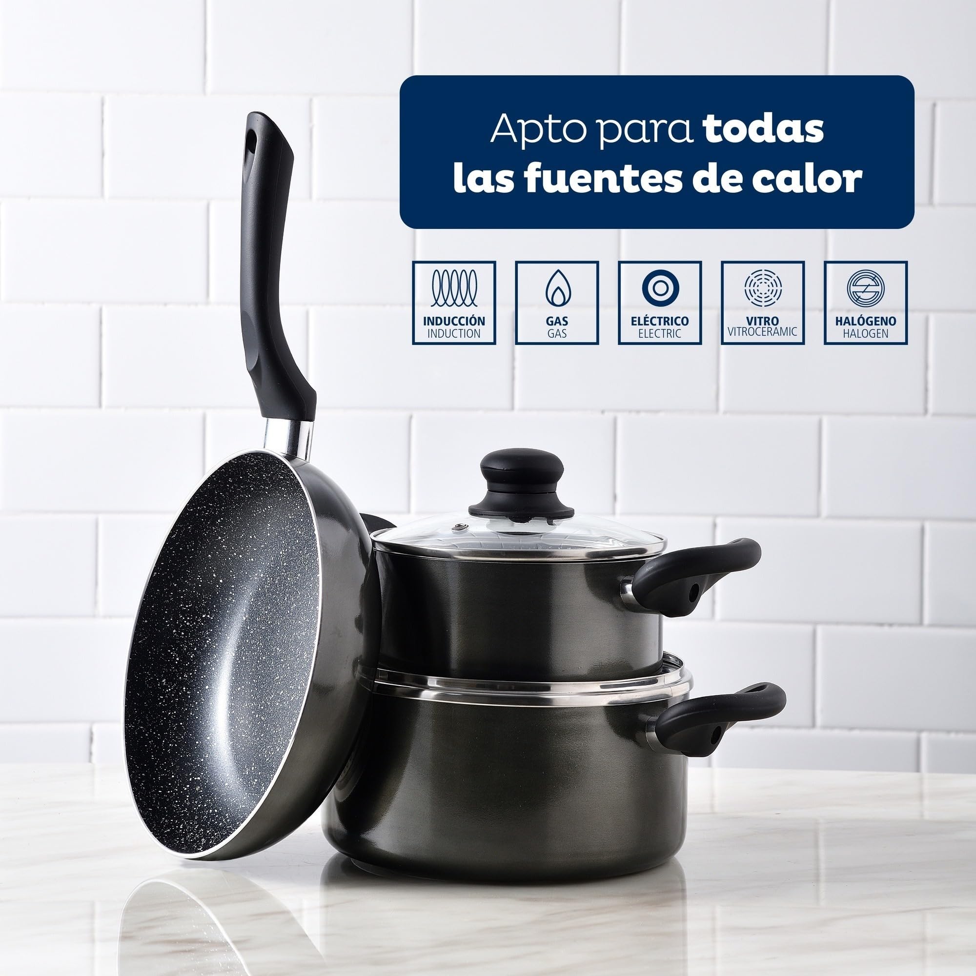 Batería de cocina 5pc aluminio prensado + Juego de sartenes Ø16Ø20Ø24 aluminio prensado San Ignacio