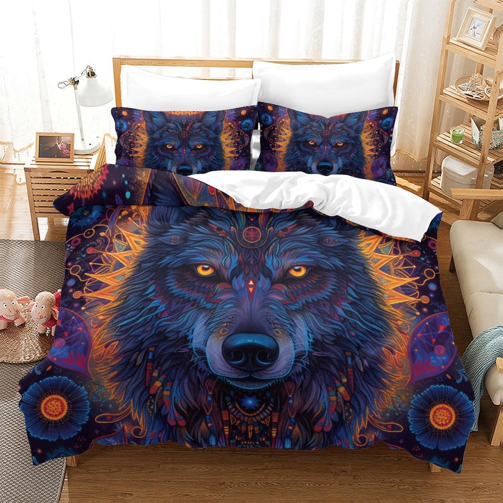 Housse de couette loup 3 pièces parure de lit microifbre 260x220