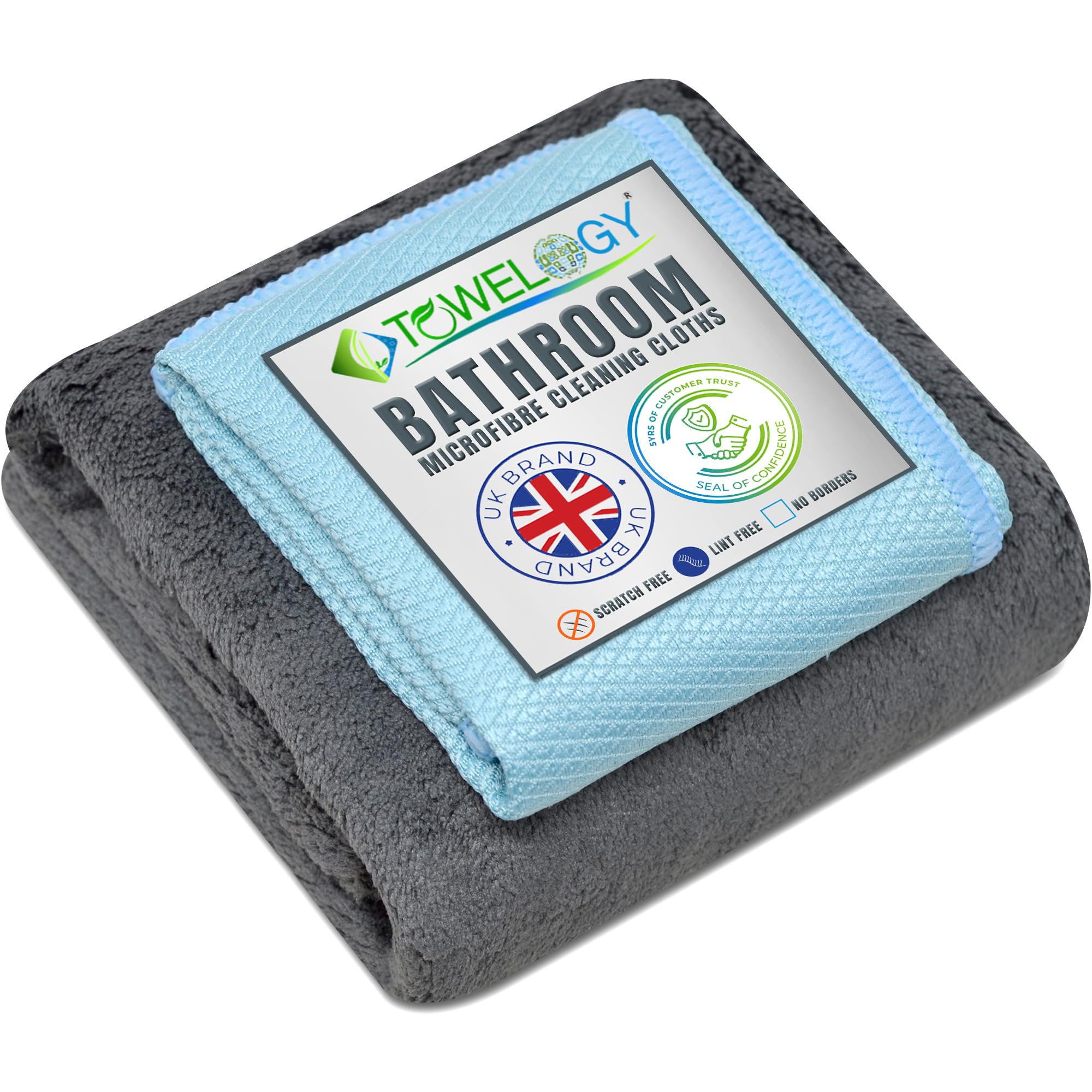 Towelogy® Microfibre Bathroom Cleaning Cloths 2 Pack Super Absorbent Streak Free Shower Glass Cleaner Kit (Grey/Aqua)