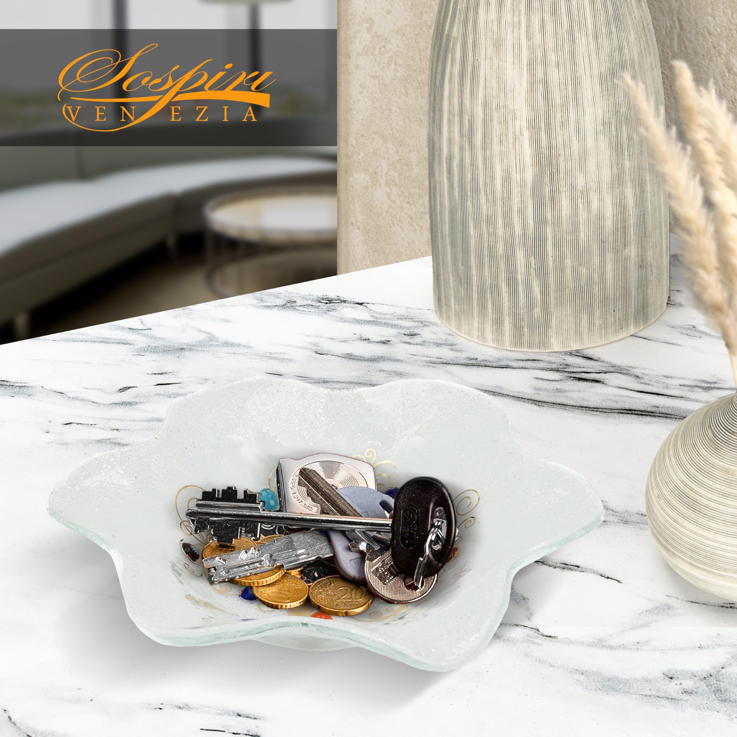 Sospiri Venezia Bandeja de Tocador de Vidrio de Murano Hecha a Mano, Cuenco Decorativo Árbol de la Vida con Murrinas y Hoja de Oro, Idea de Regalo, Hecha a Mano en Italia (13x13 cm)