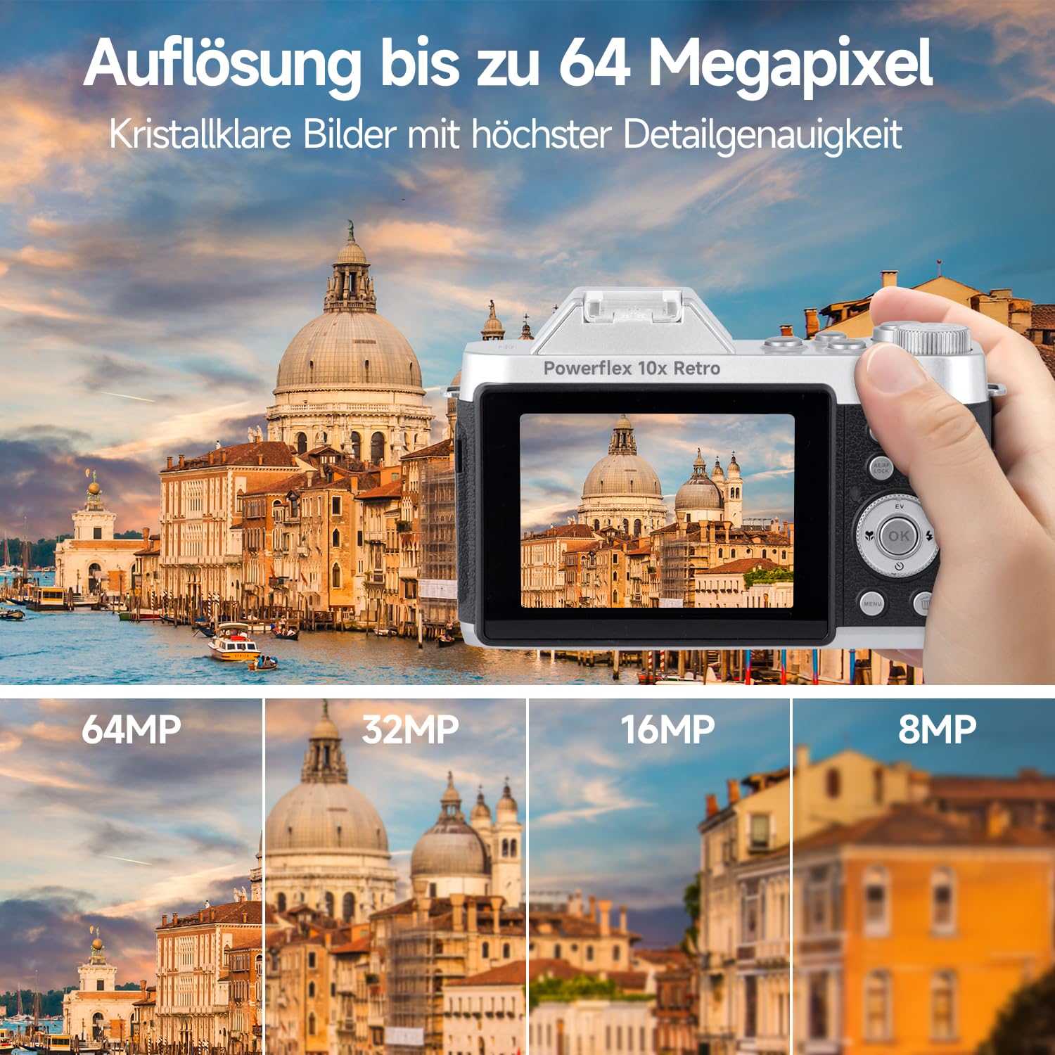 Rollei Powerflex Digitalkamera 10x Retro 10X Optischem Zoom((2,88" Display) 64MP 4K Fotokamera mit Akku Fotoapparat mit 8 Fotomodi Tragbar Kompaktkamera Vintage, Digital-Kamera-Fotoapparat-Camera