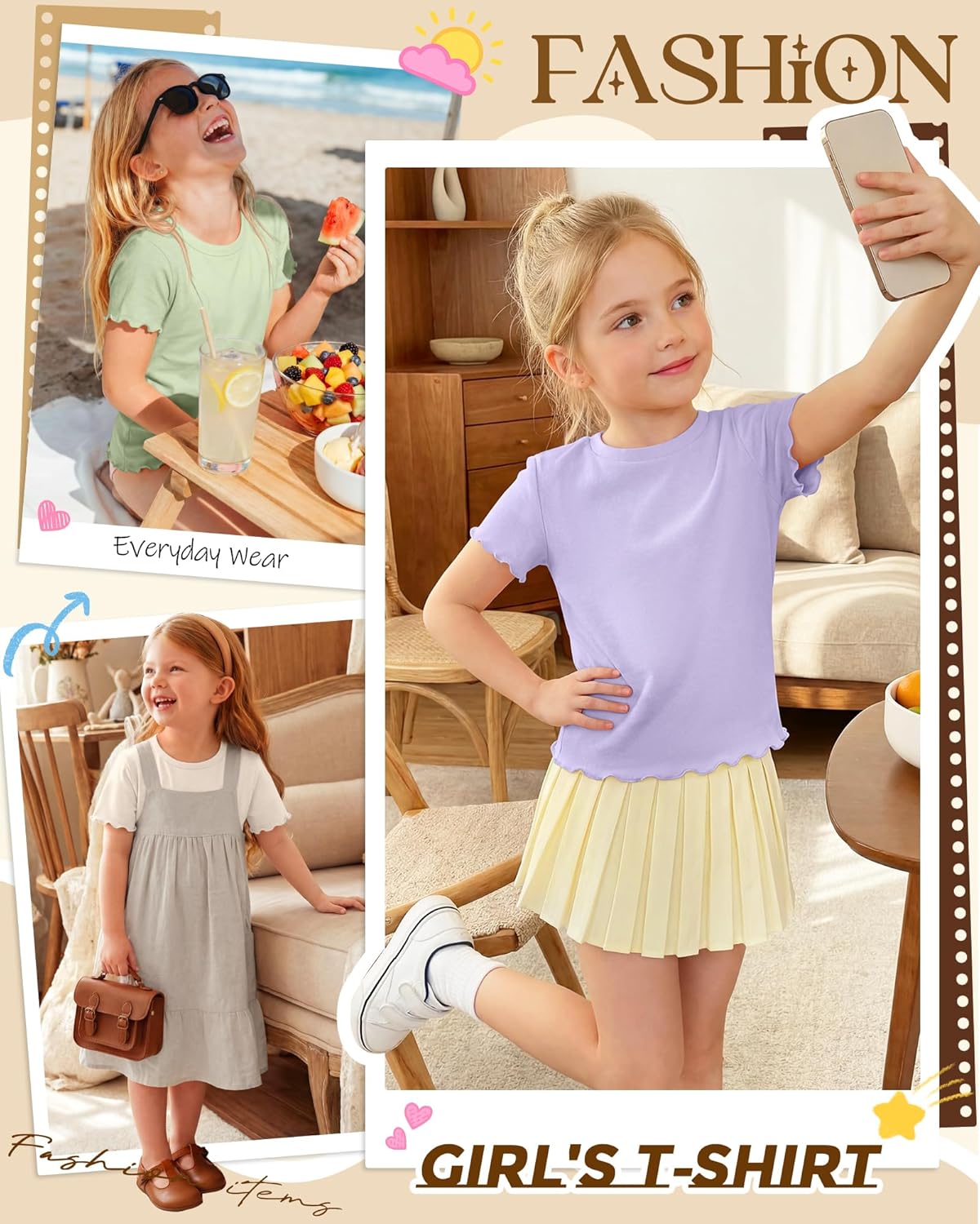 3 Pack Toddler Girl's Short Sleeve Shirts Lettuce Trim Crew Neck T-Shirts Summer Tee Cute Baby Girl Tops