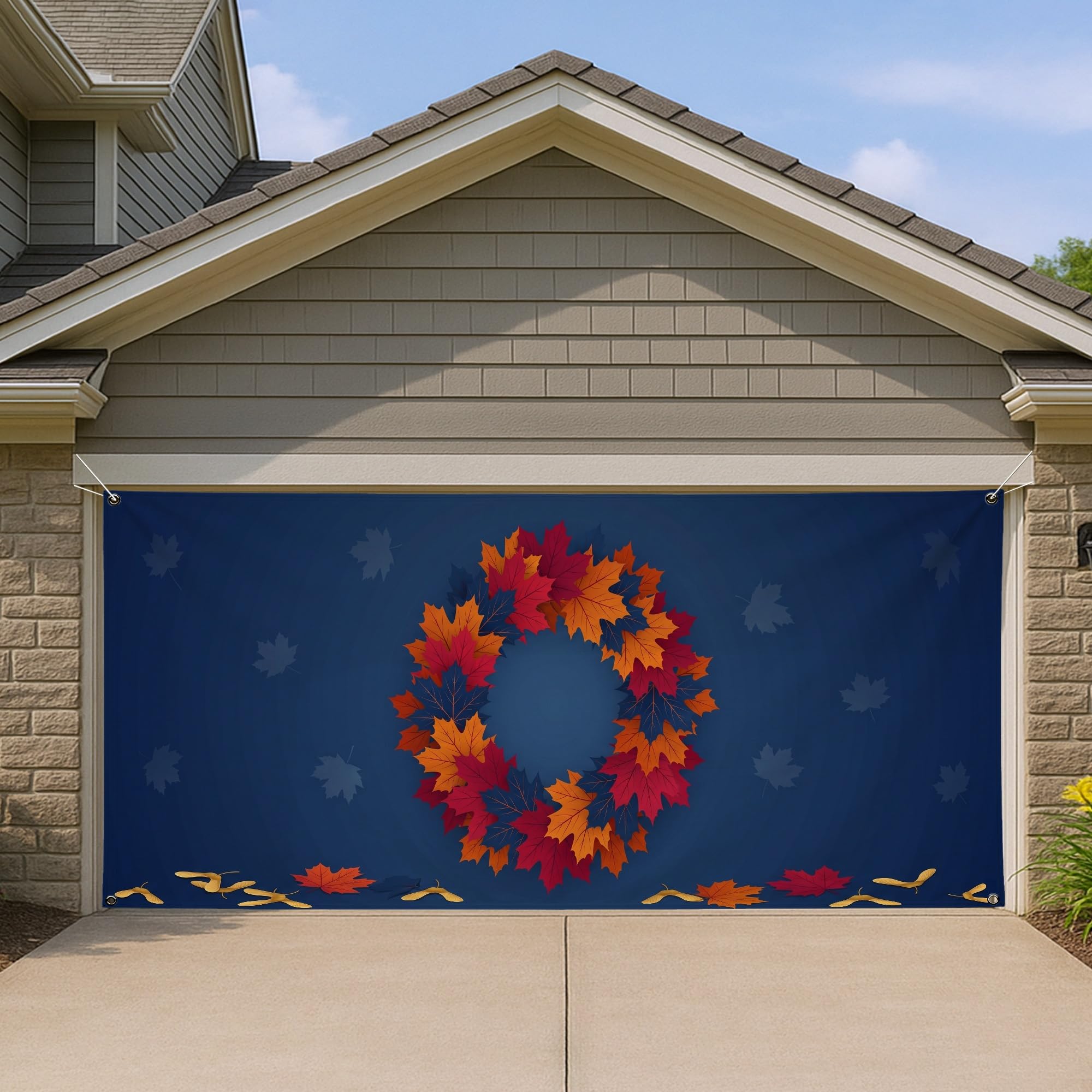 Couronne de porte de garage automnale bleue en grand format 397x180 cm