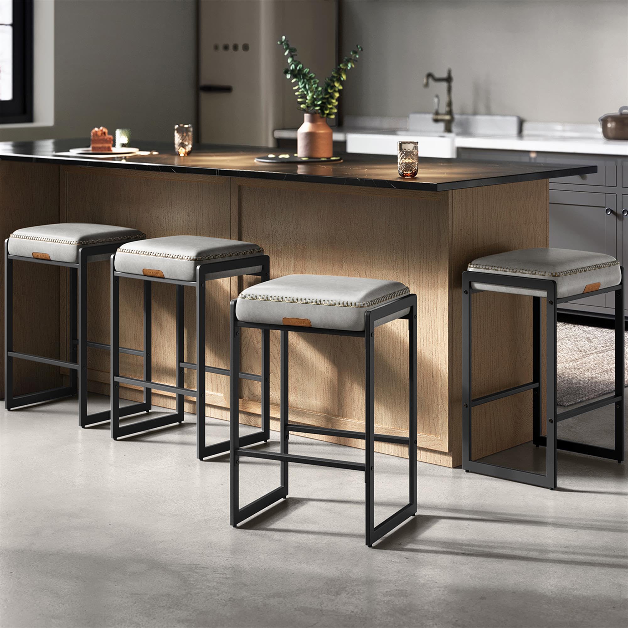 VASAGLE EKHO Collection - Bar Stools Set of 4, Counter Height Bar Stools, Synthetic Leather with Stitching, Mid-Century Modern Counter Stools, 26-Inch Tall, Kichen Home Bar Dining Room, Dove Gray