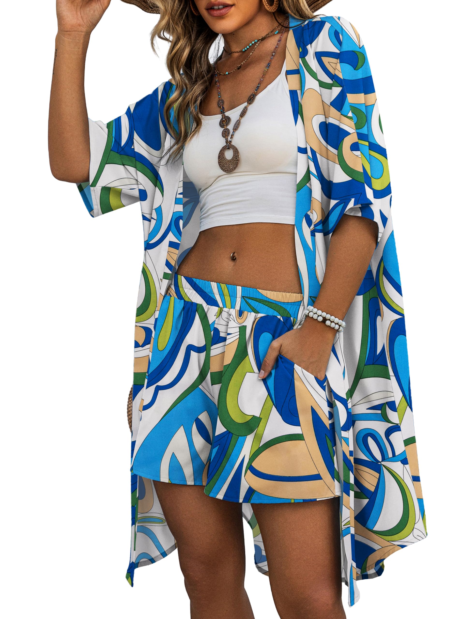 Womens Vacation Outfits Hawaiian Style 2 Piece Sets Long Cover Ups Half Sleeve Shorts Set Beach Dresses（S-XL）-image-44