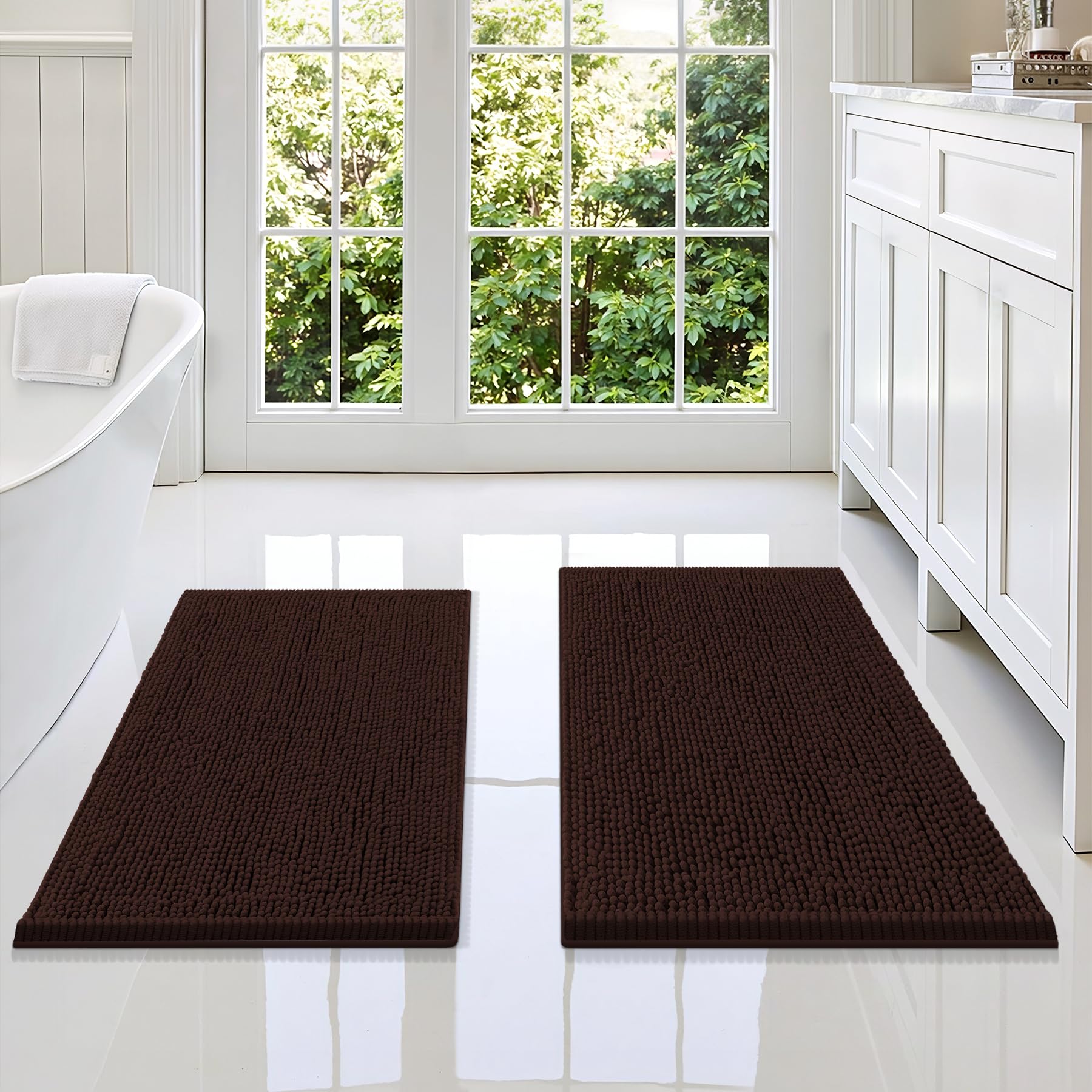 Smiry Chenille Bathroom Rugs Sets 2 Piece (34x21+30x20, Brown)