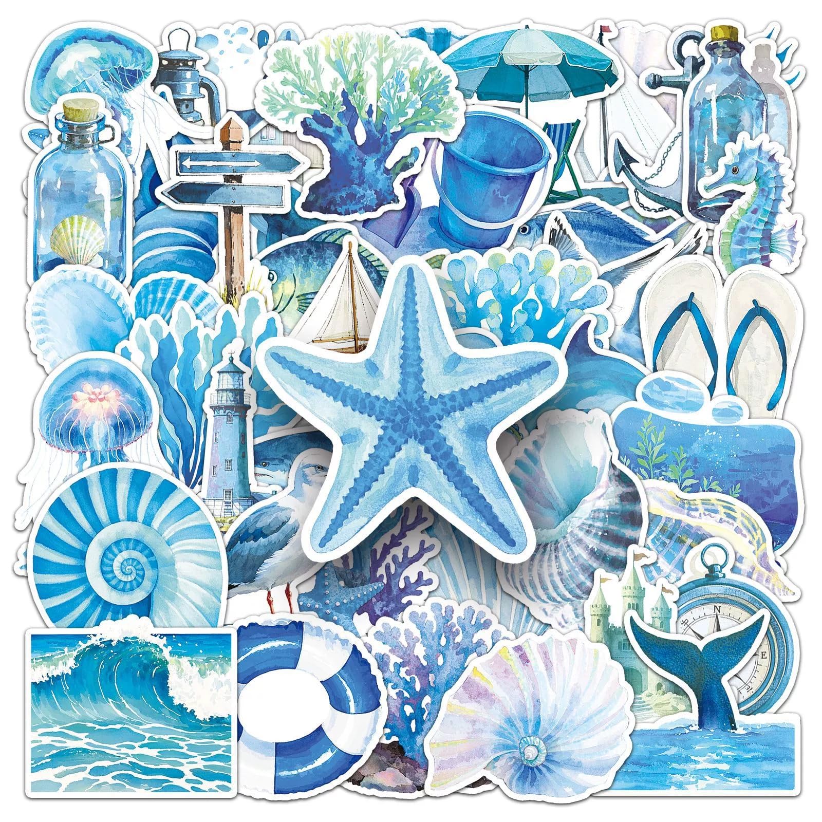 AUCEKO 50 Stück Meerestiere Aufkleber Pack Ozean Blau Sticker Set wasserdichte Vinyl Sticker für Laptop Kinder Autos Motorrad Fahrrad Skateboard Gepäck Koffer Computer Aufkleber Graffiti Decal