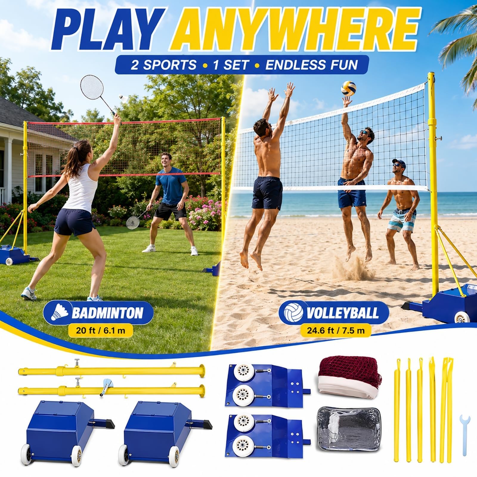 Rete Pallavolo Da Giardino Con Pali Regolabili E Rete Da Badminton, Sistema Portatile 2 In 1 Con Base Mobile A Ruote, Per Adulti E Bambini, Uso Interno Ed Esterno, Allenamento E Tempo Libero