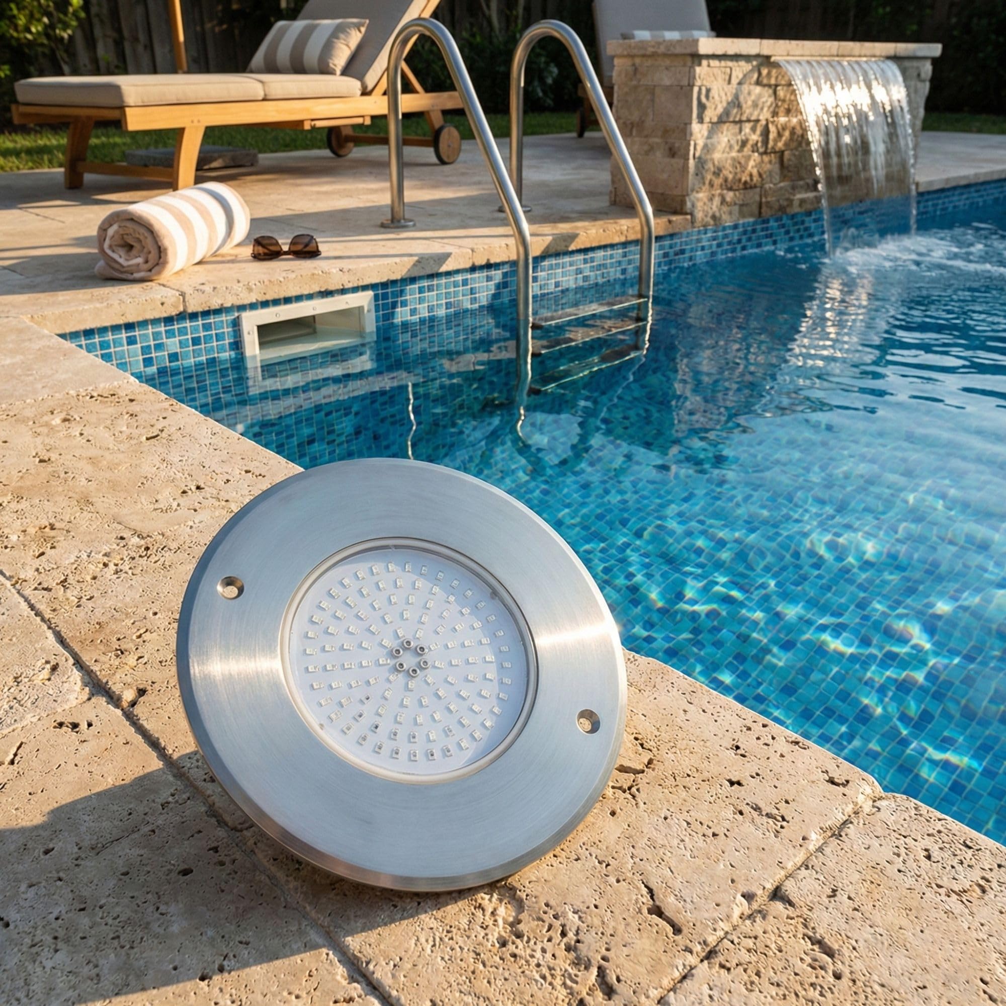 SWIMHOME Warmpool Foco LED Mini para Piscina Extraplano Acero Inoxidable Blanco Frío 6000K IP68 Resina Ø16cm 10W 12V AC