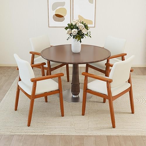 Miniatura 7 de thksbought Sillas de comedor de nogal moderno de mediados de siglo con brazos de madera en color beige, tela para cocina, café, sala de estar,