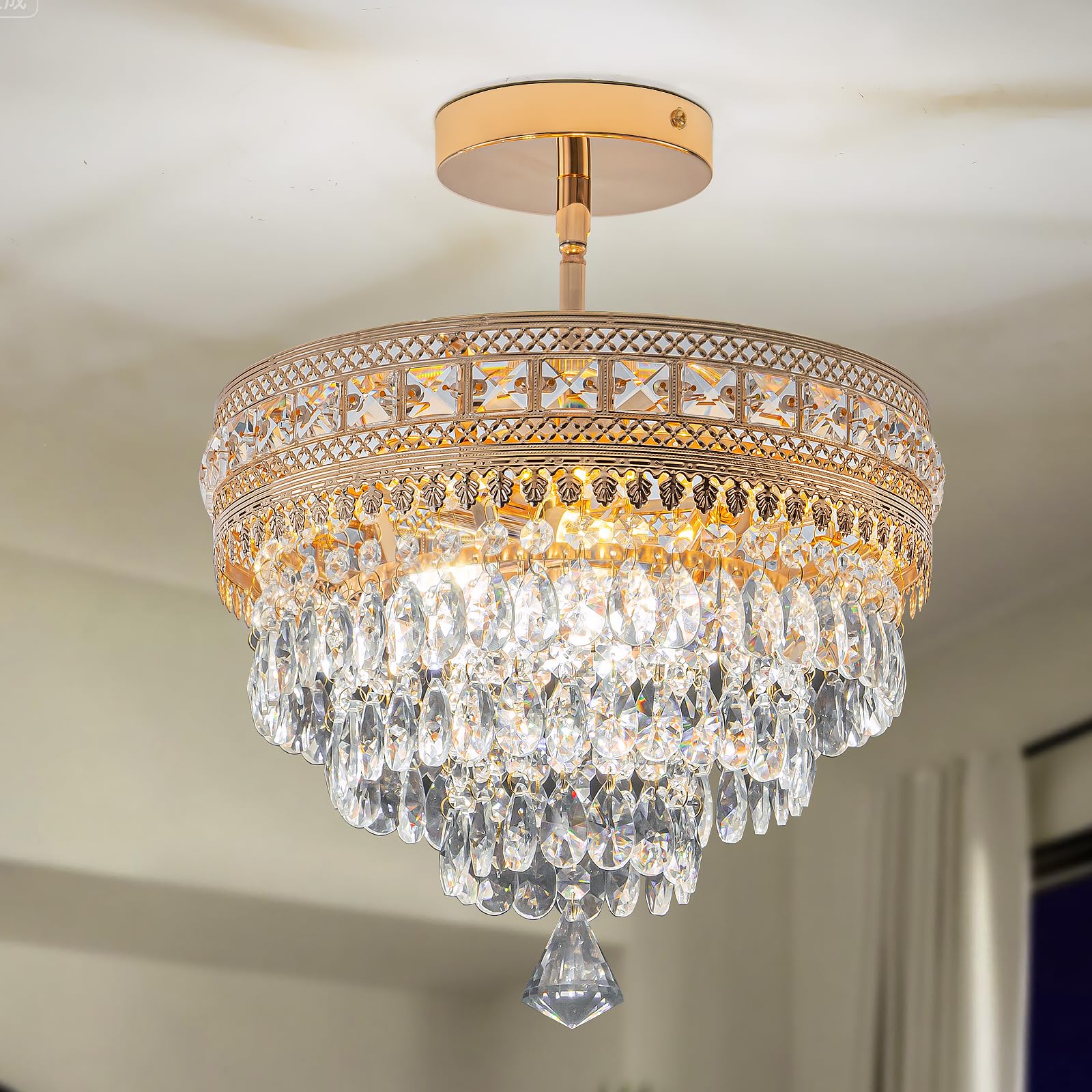 Photo 1 of Modern Crystal Chandelier, Farmhouse Ceiling Light, Flush Mount Light Fixture,11.8W x 9H inches, 4-Layer K9 Crystal, Indoor Ceiling Light Pendant for Bedroom, Hallway, Closet (Gilded Antique)