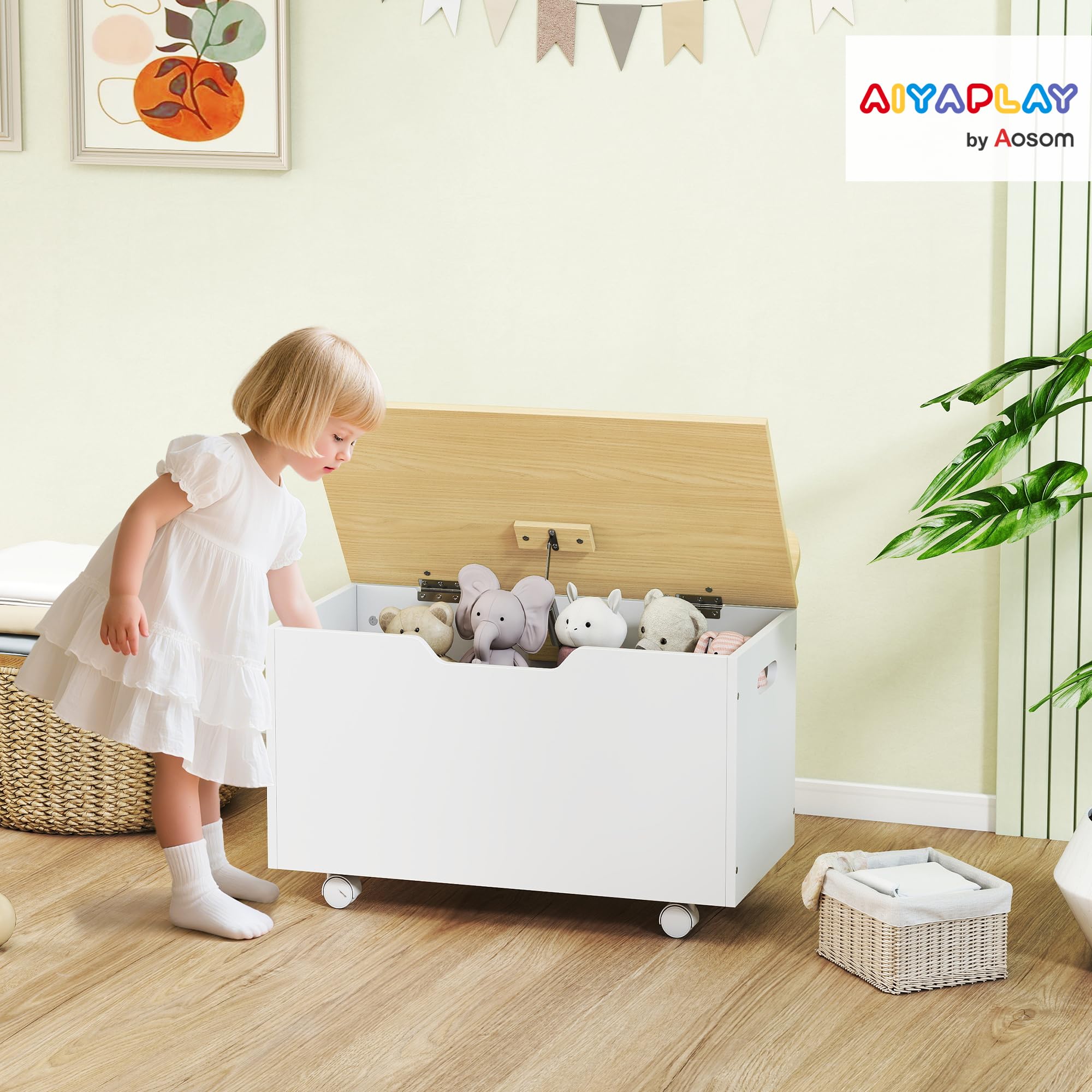 AIYAPLAY Kinderspielzeugtruhe auf Rollen, Kinderaufbewahrungsbox mit Klappdeckel, Sicherheitsscharniere, Spielzeugaufbewahrung für Mädchen und Jungen, 59 x 30 x 53 cm, weiß