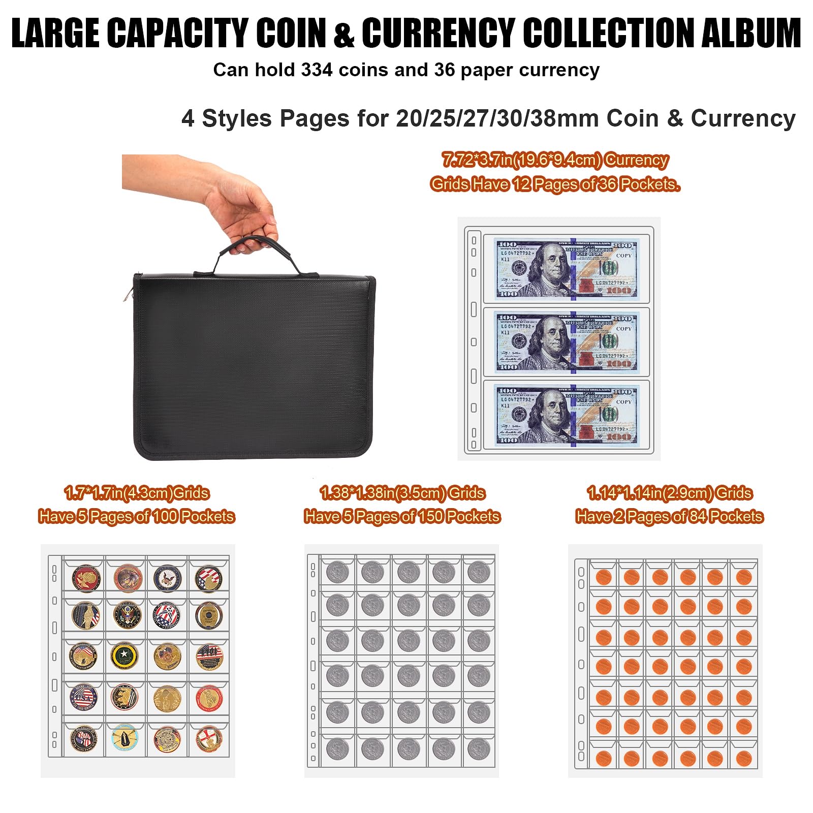 Coin Collection Book Holder for Collectors, 300 Pockets Fireproof Coins Collecting Album & 36 Sleeves Money Storage Case for Coin Currency Collection Supplies, Bill, Pennies, Quarters, Stamp
