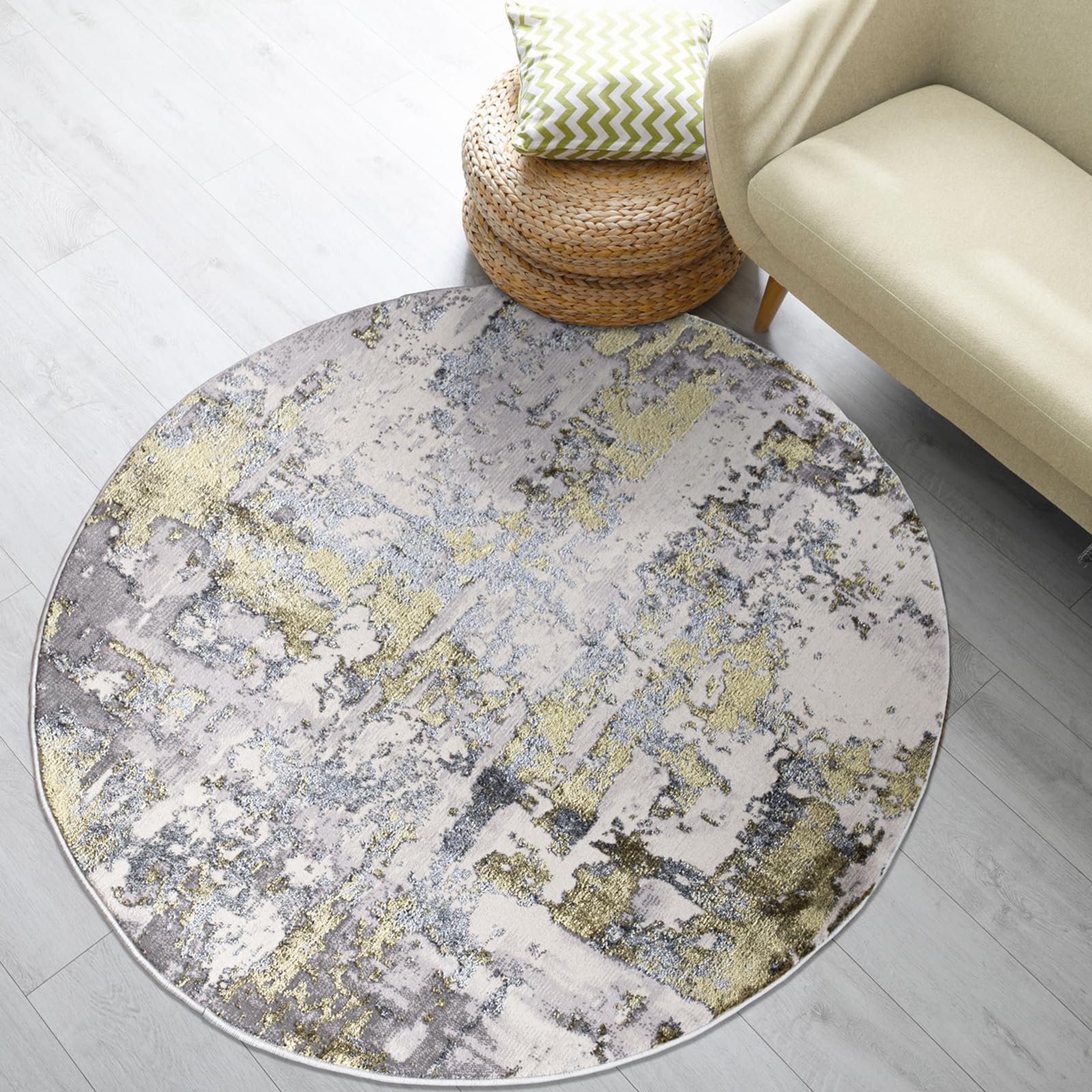 Soft Pile Round Rug With Jute Backing, Abstract - 120 x 120 cm - Ochre Rug, Washable Carpet for Bedroom, Dining, Office and Kids Room