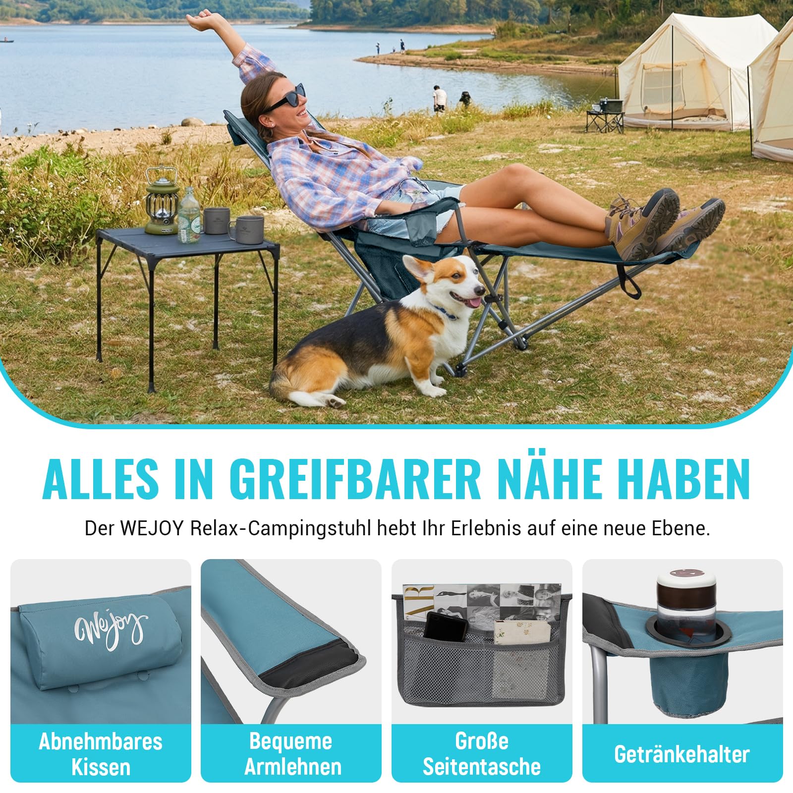 #WEJOY 2-in-1 Campingstuhl Faltbar mit Fußstütze, Gepolstert Liegestuhl mit Verstellbarer Rückenlehne, Relaxsessel Liege mit Getränkehalter, Liegestuhl für Outdoor Camping Cyan 2er Set