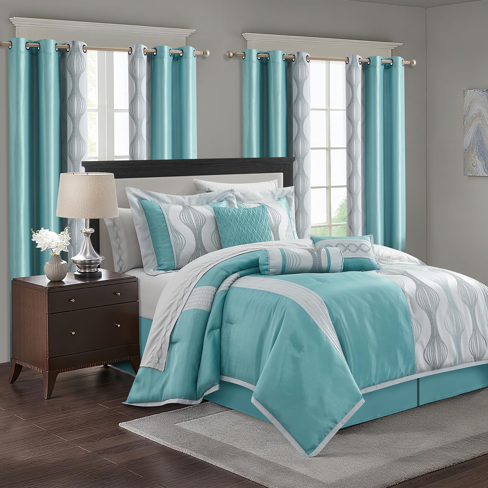 LANCO MODERN LIFESTYLE King Comforter Set, Blue, 15 Pieces Room in a Bag, Ultra Soft Jacquard with Patchwork, Luxury Bed Set with Sheets, Curtains,