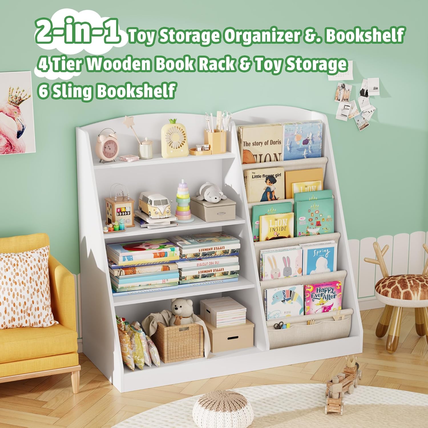 Montessori Bookshelf Storage Organizer 4 Tier Wooden Kids Book Shelf with Sling Book Design, Book Display & Walking Shelf for Nursery, Playroom, Children's Room, Kindergarten, Classroom, Library