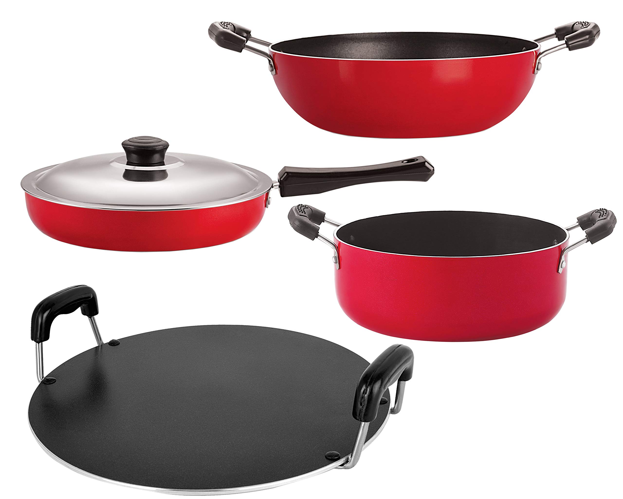 Nirlon Non-Stick Aluminium Dishwasher Safe Flat Base Cooking Essential Combo Set with Lid