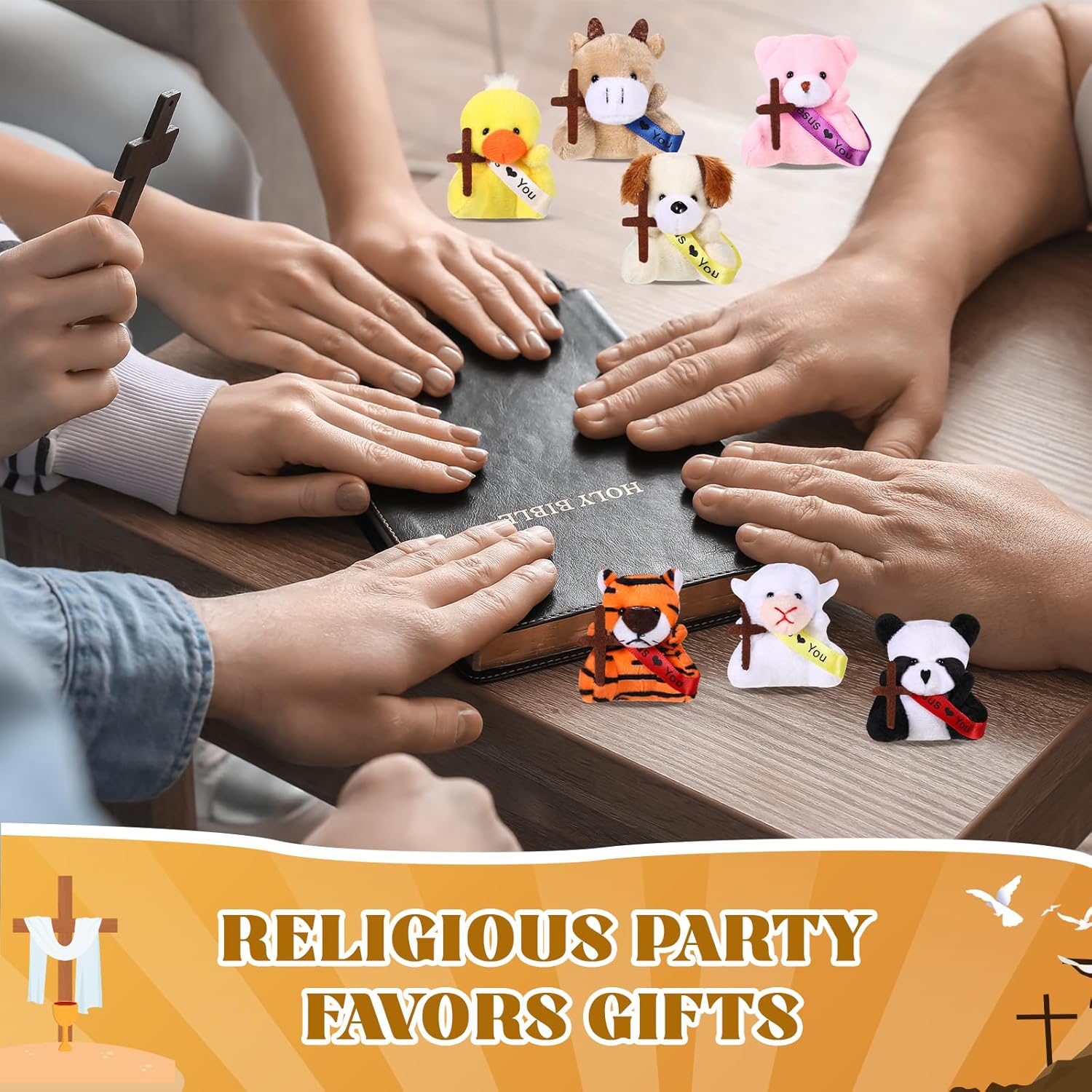Soulchen 24 Pcs Jesus Love You Mini Plush Animal Toys for Kids Christian Small Stuffed Animal Toys with Ribbon and Cross Religious Gifts for Vbs Party Favors Easter Egg Fillers Church Decorations