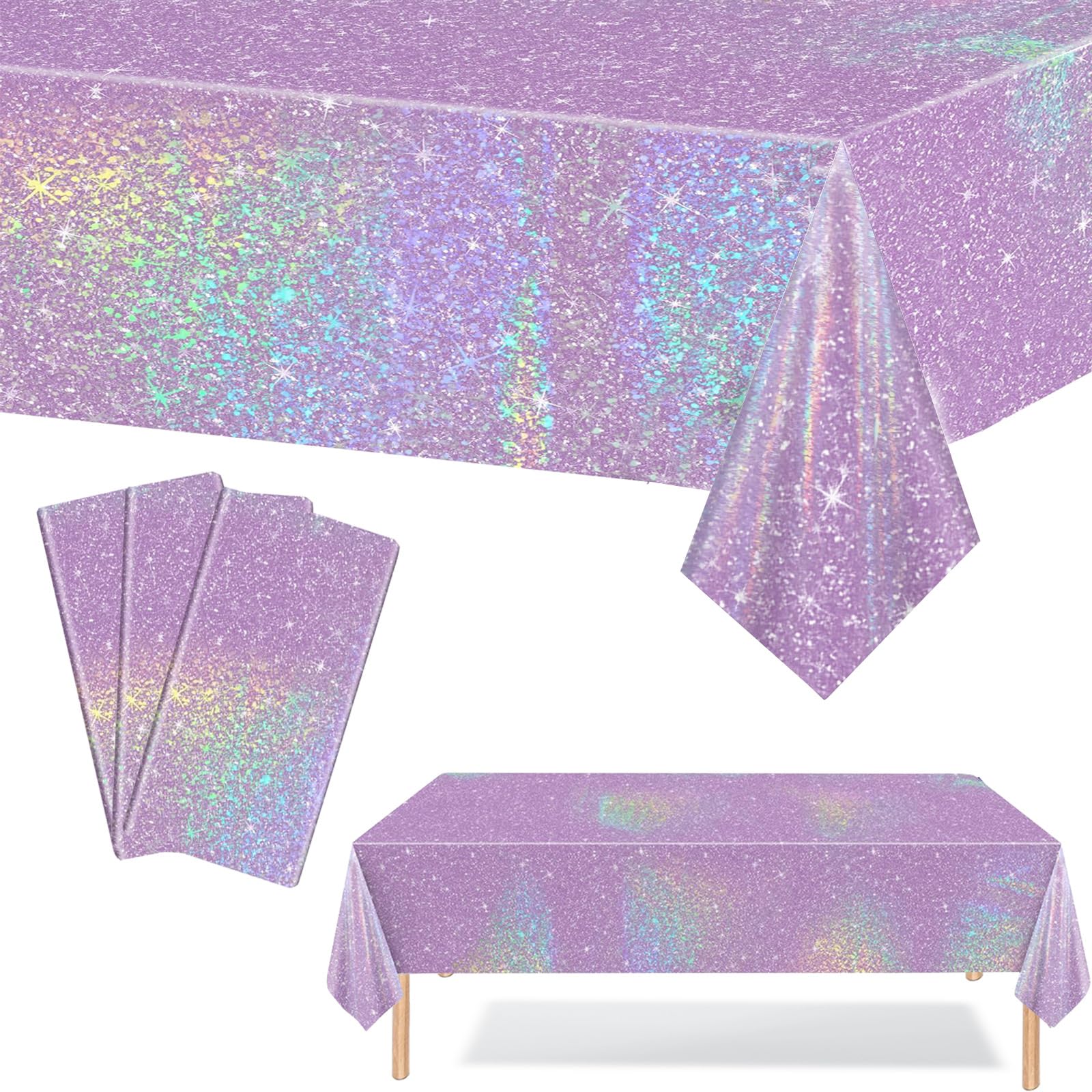 3Pcs Lilac Metallic Party Tablecloths, 137*274cm Glitter Party Table Cloth Disposable, Lilac Sparkly Plastic Tablecloth, Sequin Table Cover for Birthday, Wedding, Disco Kpop Party Table Decorations