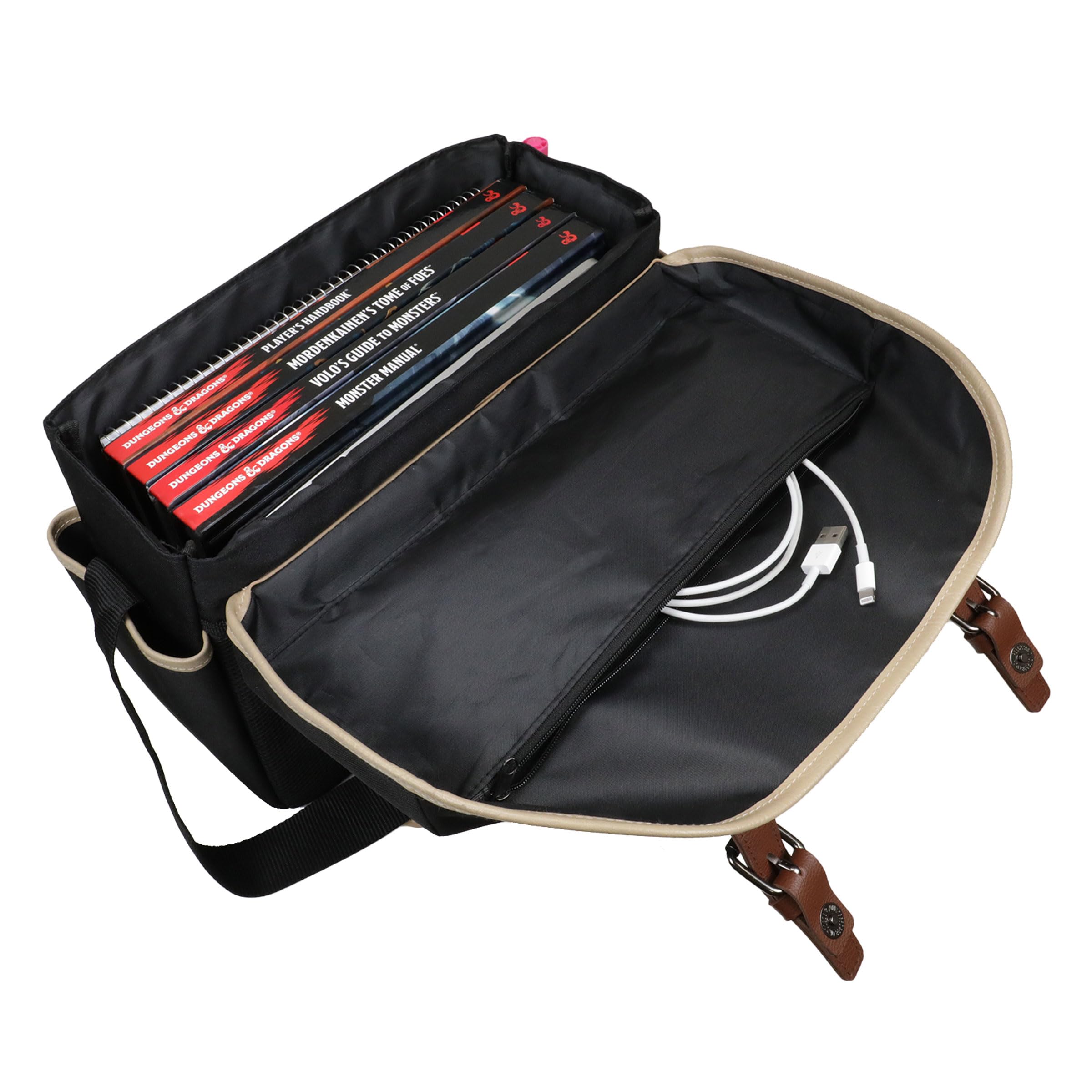 ENHANCE Bolsa de Diseño DND: Elegante Bandolera para Jugadores de rol de Dungeons and Dragons. con Espacio para el Manual del Jugador, Carpetas, Dados y Accesorios, y Bolsillos Laterales (Negro)