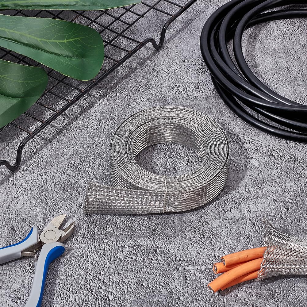 UNICRAFTALE 0.78" Wide Stainless Steel Braided Sleeving Braid 13.12 Feet Cable Wire Shielding Sleeve Ground Straps Protection Flat Metal Mesh Flexible Expandable Scalable Ribbon Flat Wire for Protect - Image 2