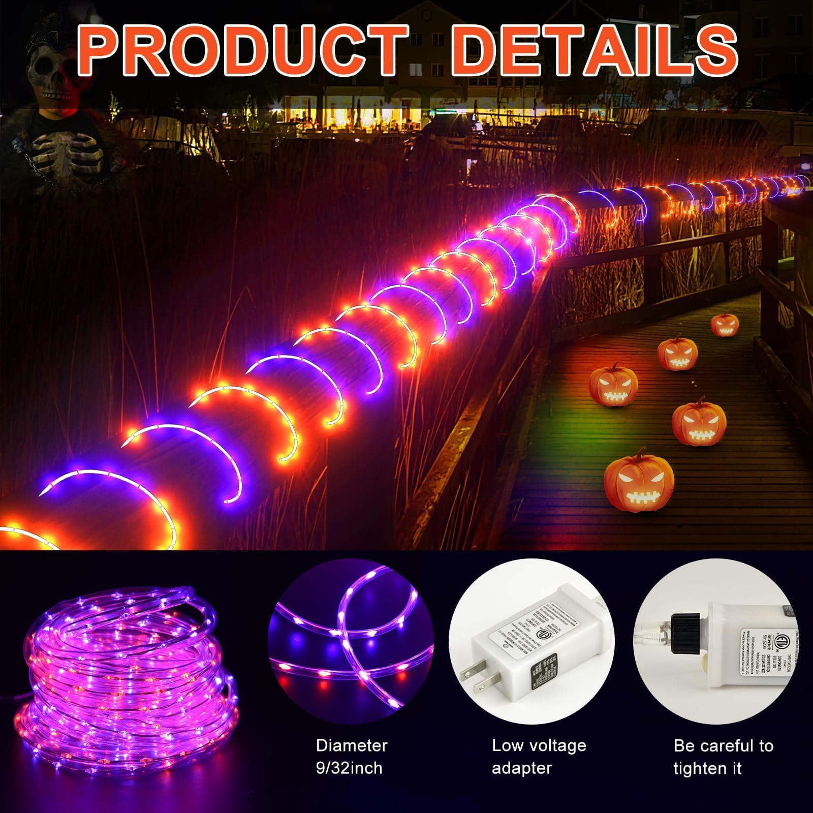 Kenburg Halloween Rope Lights Outdoor, 50Ft 600 LED Orange and Purple String Lights, Waterproof Tube Lights Plug in 8 Modes Rope Light Decorations for Tree Garden Fence Yard Landscape Halloween Party