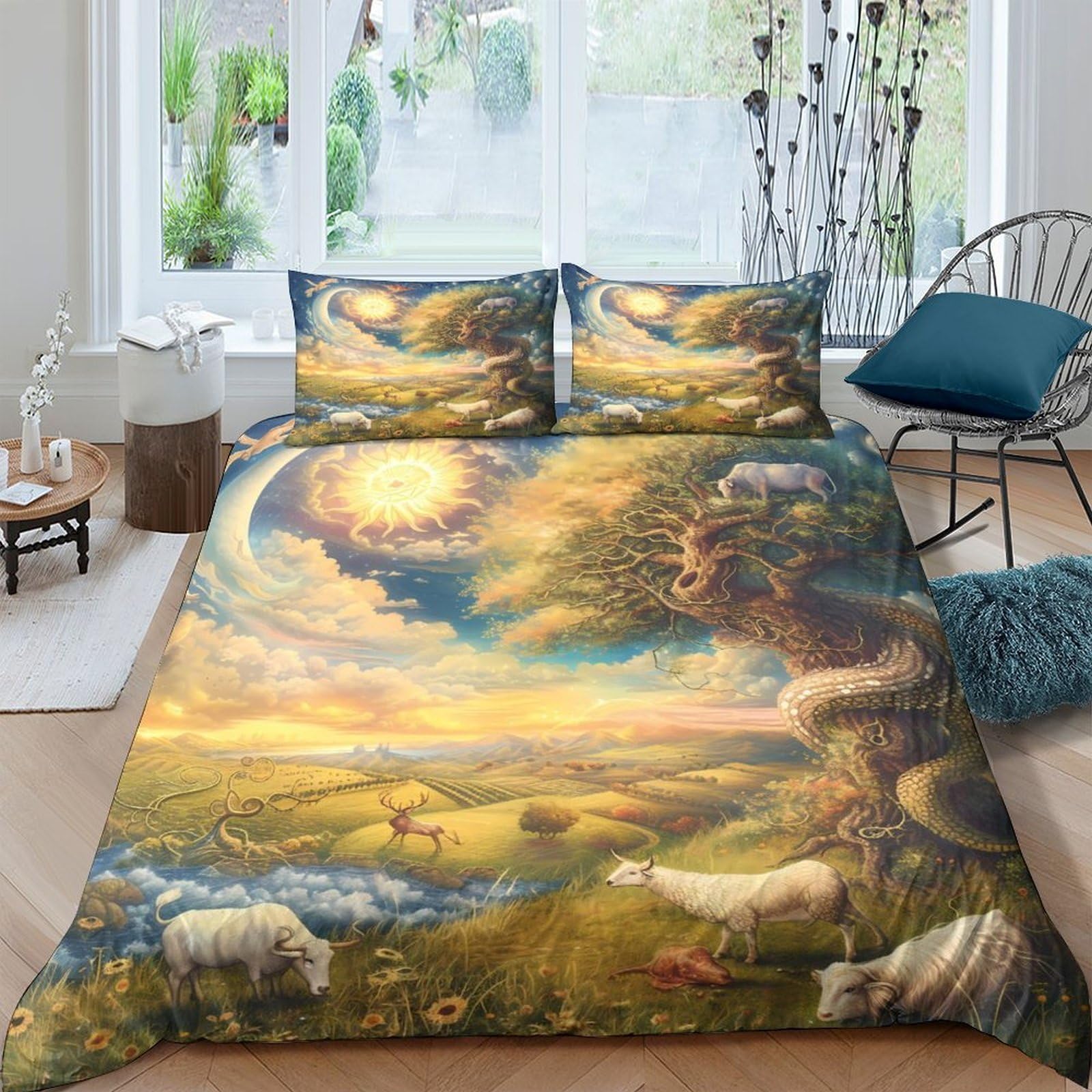 Ctjqhvkz Style-3 3D Printed Pastoral Sunrise Fitted Sheet Microfiber Soft Sheep Landscape Mattress Cover For Bedroom Guest Room Decor Single（135X200cm）