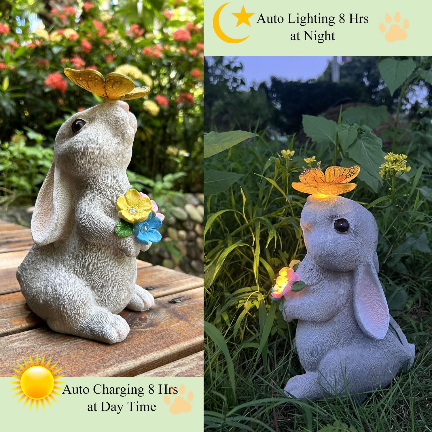 LED Solar Kaninchen Schmetterling Blumenlicht, Outdoor-Atmosphäre Dekoration Lampe, niedliche Harz Kaninchen und Schmetterling Garten Landschaftslampen.