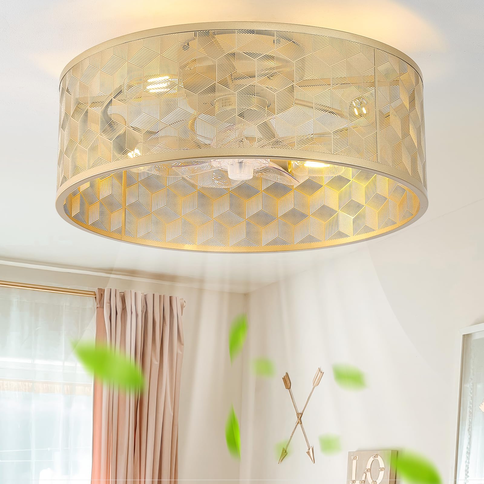 20" Boho Ceiling Fan with Light, Flush Mount Gold Ceiling Fan with Light Remote Control, Caged Enclosed with 6 Speeds for Bedroom, Living Room, Foyer, Nursery
