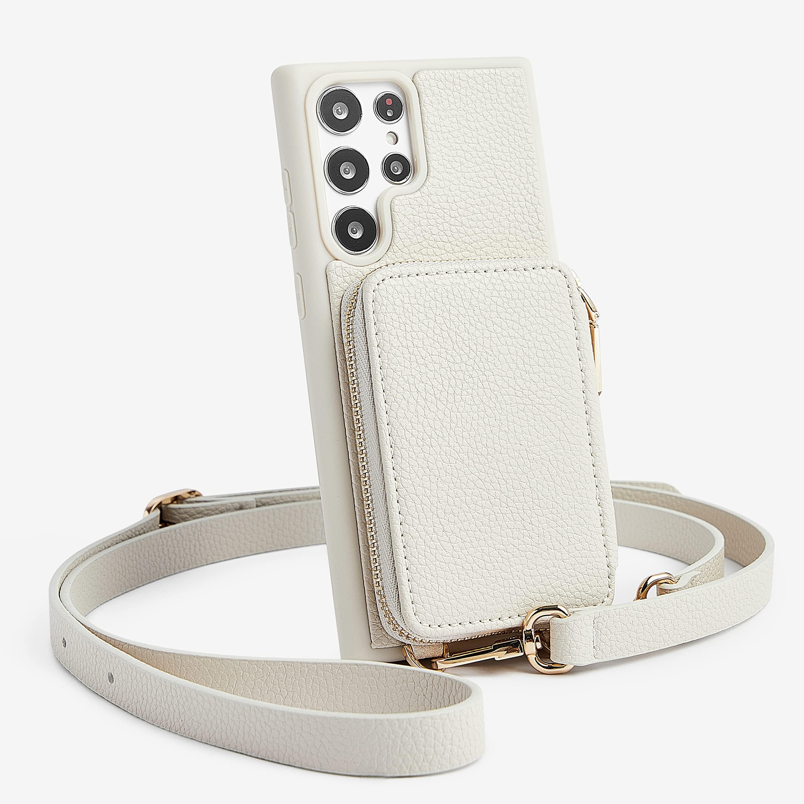 ZVE Samsung Galaxy S22 Ultra Wallet Case Crossbody, Zipper Phone Case with Wallet RFID Card Slots Wrist Strap Leather Gift Carrying Cover for Samsung S22 Ultra, 6.8 inch (5G, 2022)-Beige