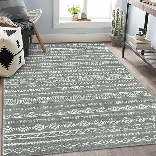 Lahome Alfombra bohemia de 5 x 7 pies para sala de estar, alfombra geométrica neutra grande lavable de color gris, alfombra marroquí antideslizante