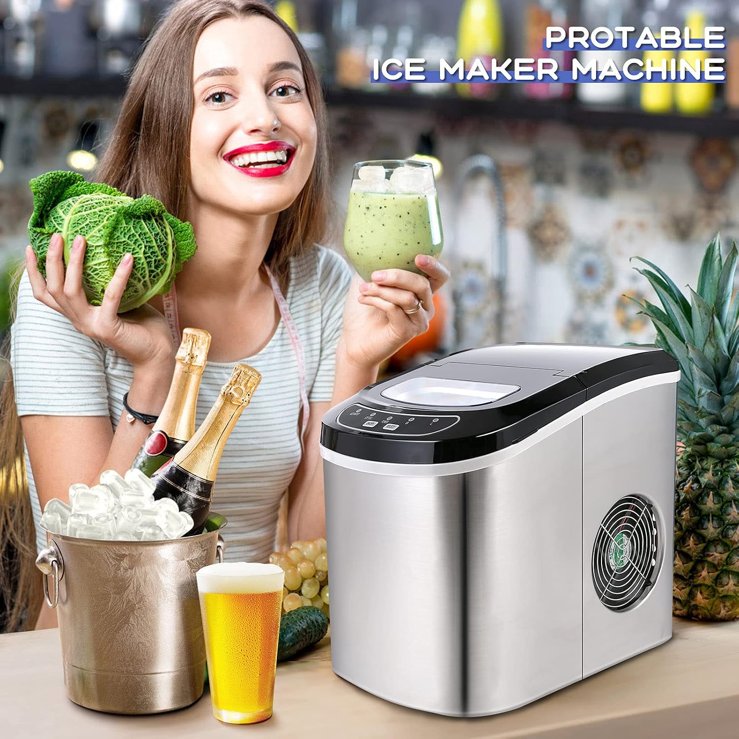 Portable Ice Maker Machine for Countertop, Ice Cubes Ready in 6 Mins, Make 26 lbs Ice in 24 Hrs Perfect for Parties Mixed Drinks, Electric Ice Maker 2.2L with Ice Scoop and Basket (silver)