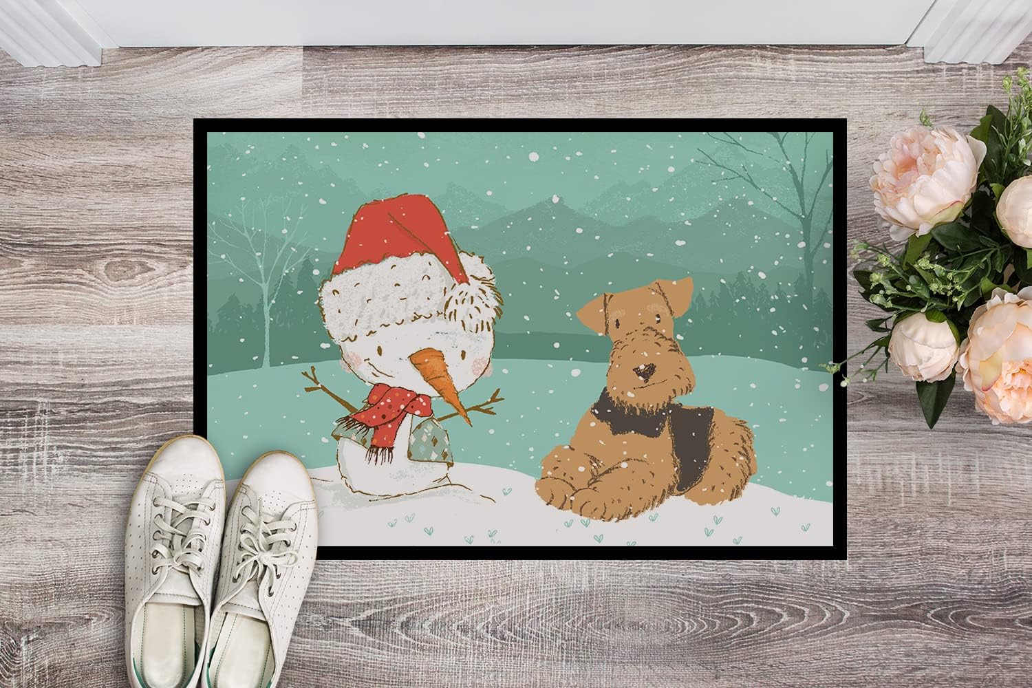 Caroline's Treasures CK2078MAT Airedale Terrier Snowman Christmas Doormat 18x27 Front Door Mat Indoor Outdoor Rugs for Entryway, Non Slip Washable Low Pile, 18H X 27W