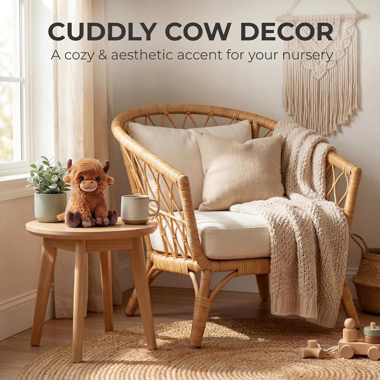 Highland Cow Plush - 8 Inch Ultra-Soft Highland Cow Stuffed Animal, Squishy Sitting Scottish Cattle Stuffy, Desk Decor & Highland Cow Gifts for Kids, Teens & Adults