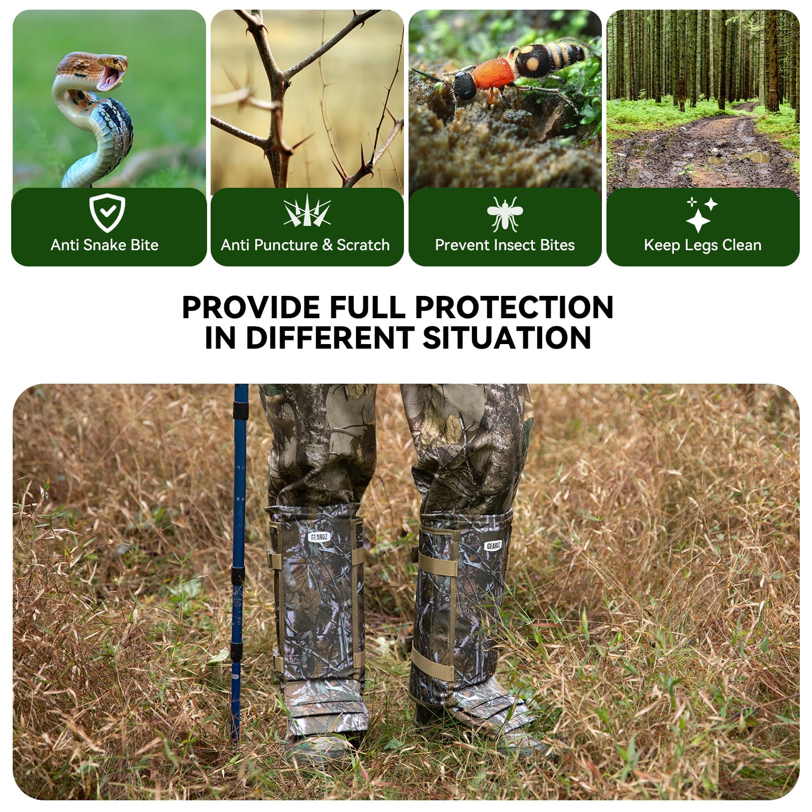 GearOZ Guêtres de protection imperméables pour jambes inférieures - Guêtres de protection contre les morsures de serpent pour homme/femme, taille réglable pour la chasse, la randonnée, le travail