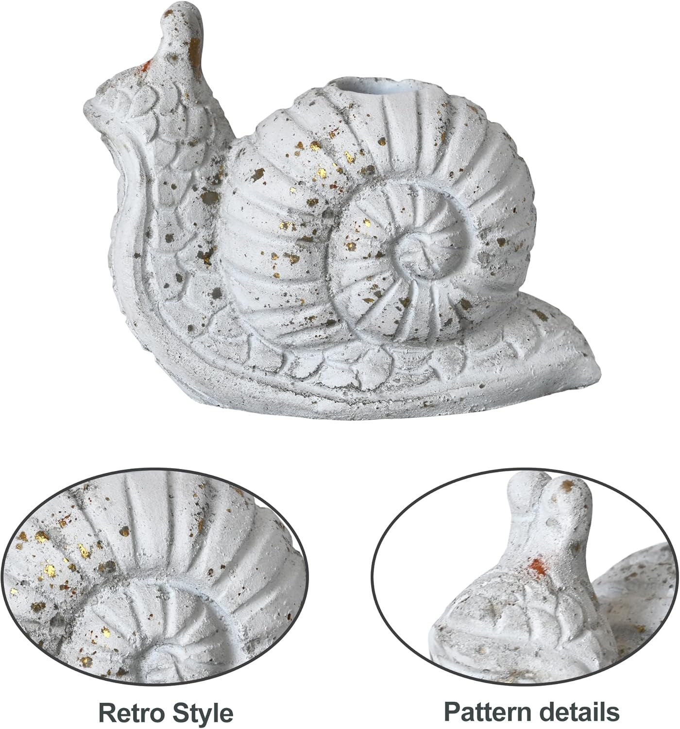 Vintage Snail-Shaped Cement Taper Candle Holder, White & Gold Rustic Iron Candlestick Stand for Tabletop, Patio & Garden Decor