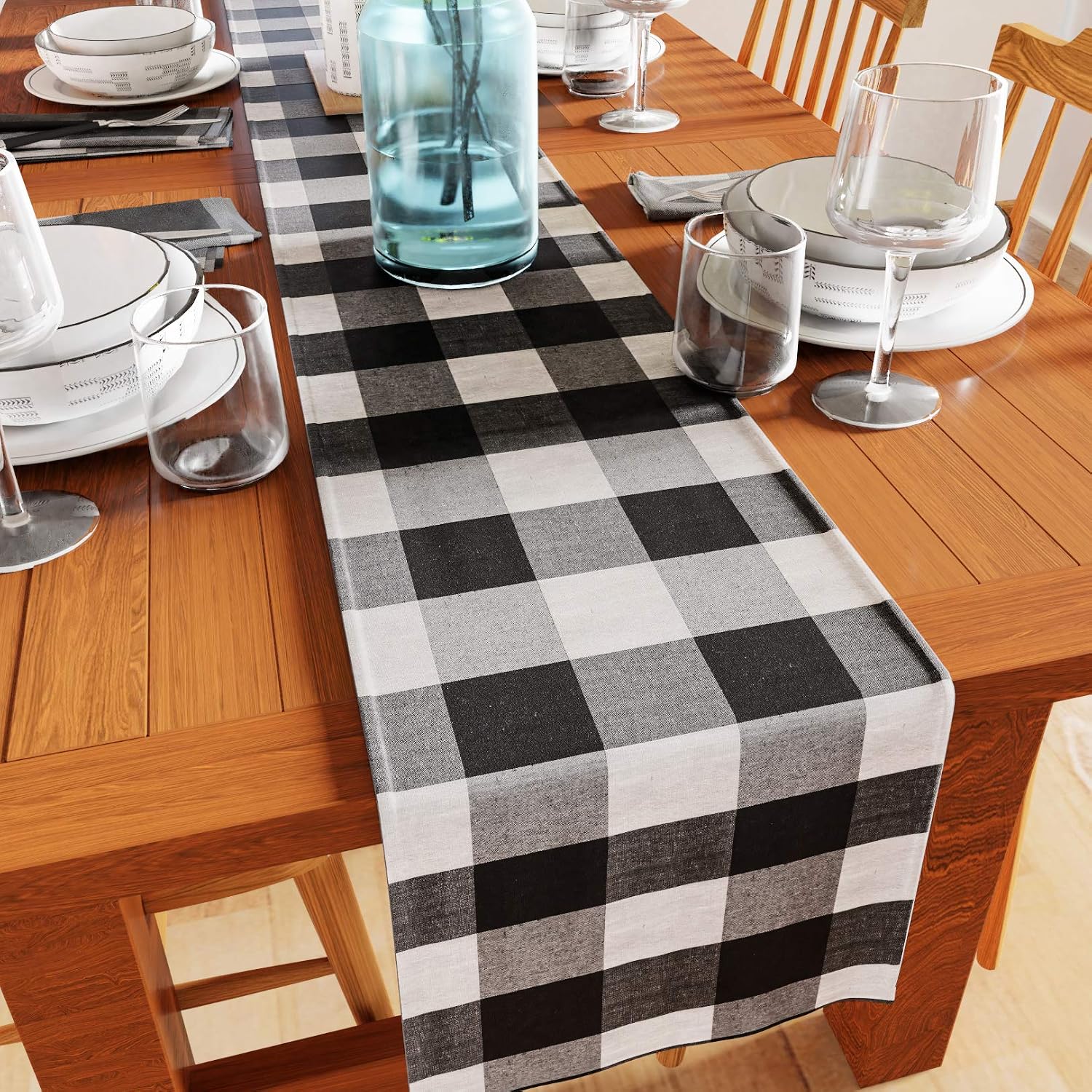 Encasa XO Cotton Dining Table Runner, Buffalo Black Checks, 32x150 cm - Image 5
