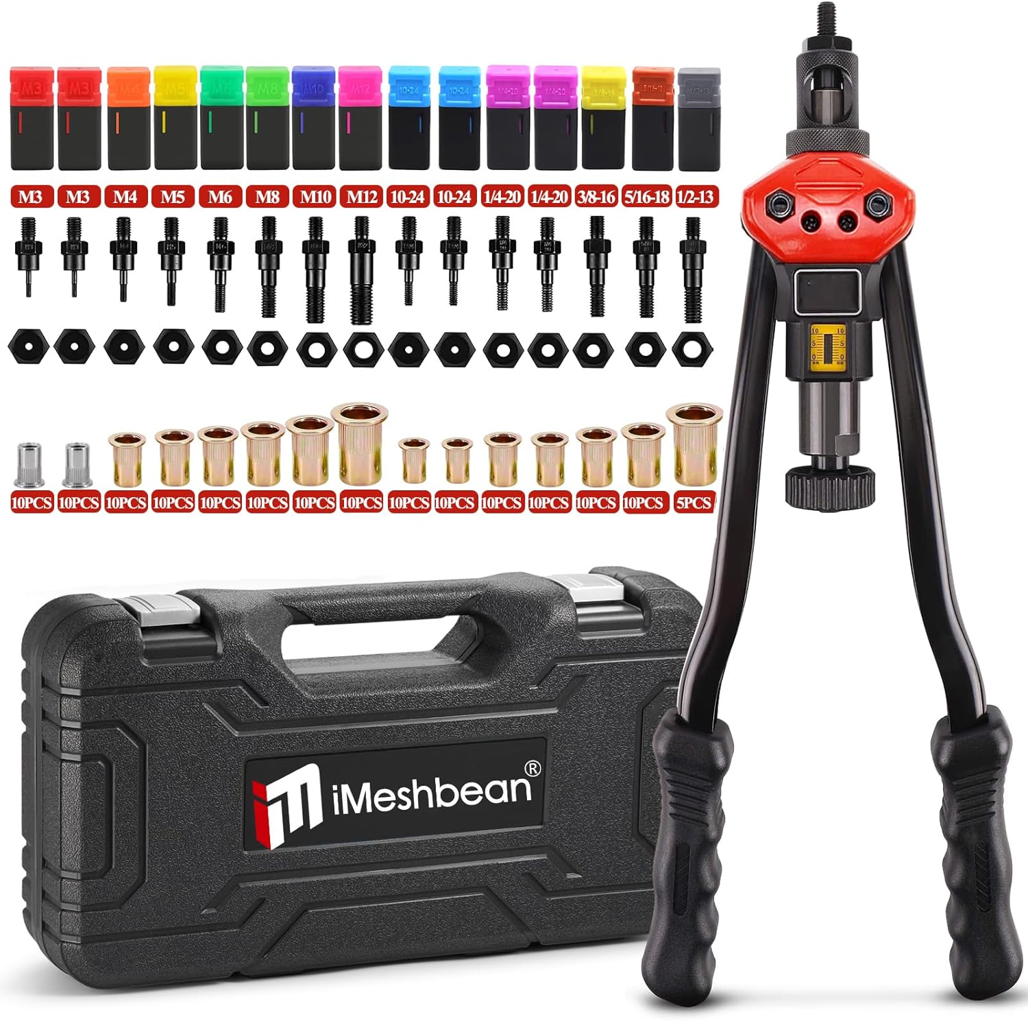 iMeshbean Rivet Nut Tool,16" Rivnut Tool Kit with 15 Metric and SAE Mandrels, Rivnut Thread Setting Tool with 145pcs Rivnuts and Carry Case