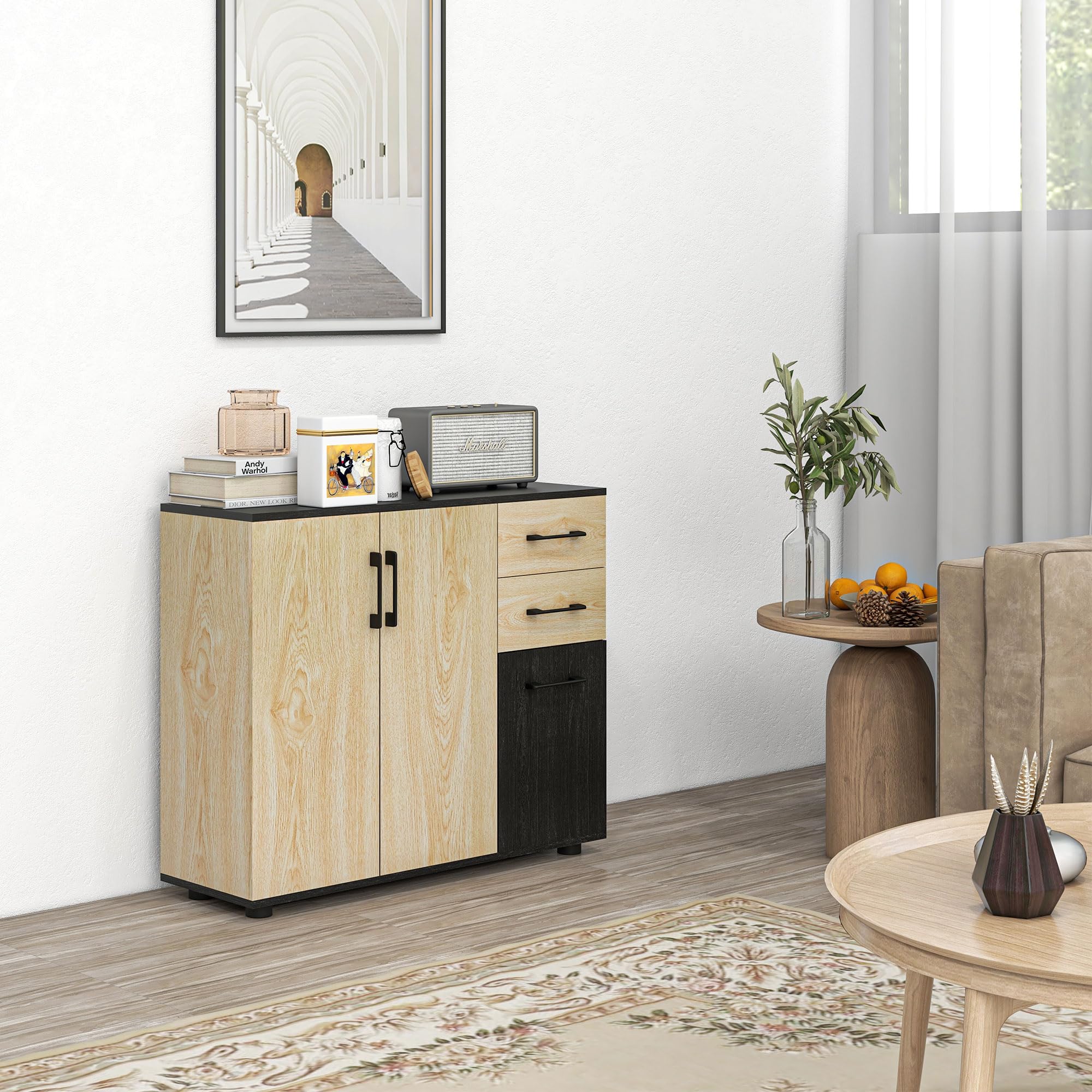 HOMCOM Buffet Salon, Meuble de Rangement avec 3 Portes, 2 tiroirs et étagère réglable, Style Moderne, Buffet Salle à Manger, Cuisine et Salon, 90 x 30 x 75,5 cm, Noir et Bois Naturel